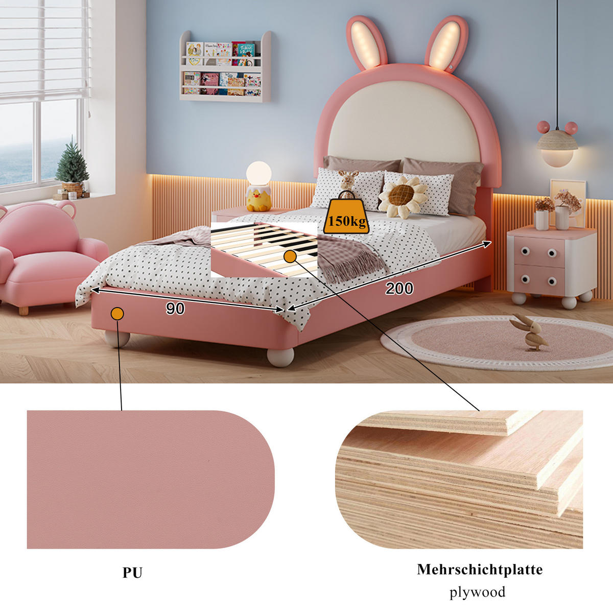 KINDERBETT 90/200 cm mit Hasen-Kopfteil und LED-Lichtleiste in Rosa/Weiß - Weiß, Kunststoff (90/200cm) - BEAOK