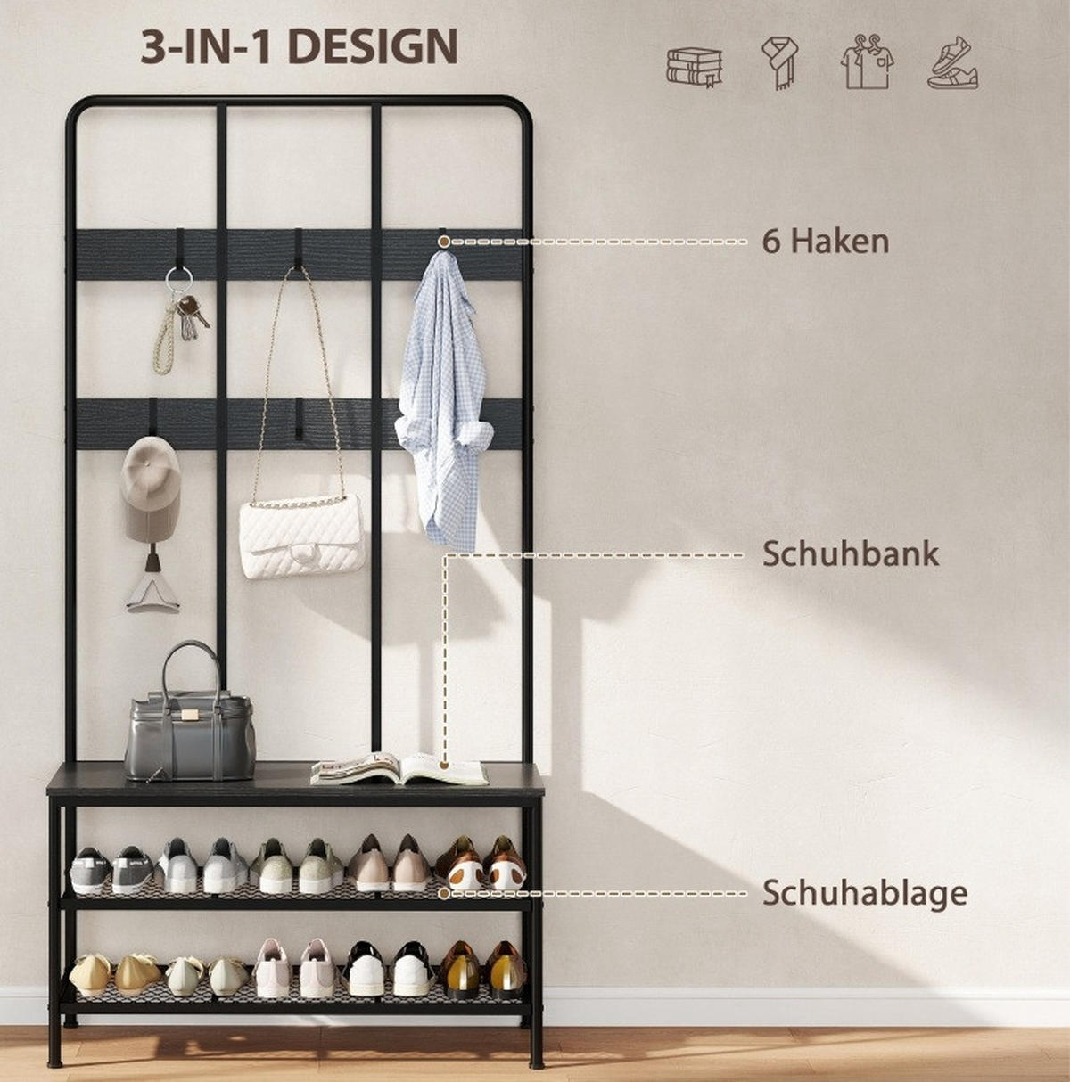 STANDGARDEROBE 91/36/180 cm mit 6 Haken, Sitzbank und Schuhablage in Schwarz - Schwarz, Metall (91/180/36cm) - BEAOK
