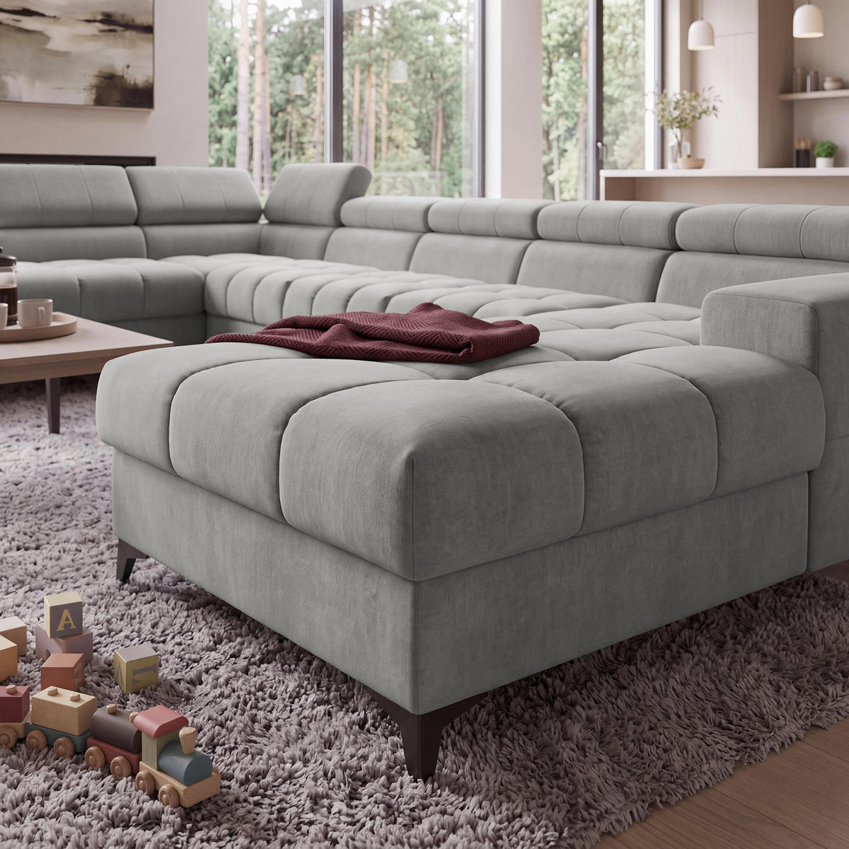 ECKSOFA PUDDING MAXI U Links mit Schlaffunktion 125x330 Velours Grau - Schwarz/Grau, Holz/Textil (203/421cm) - Muffo