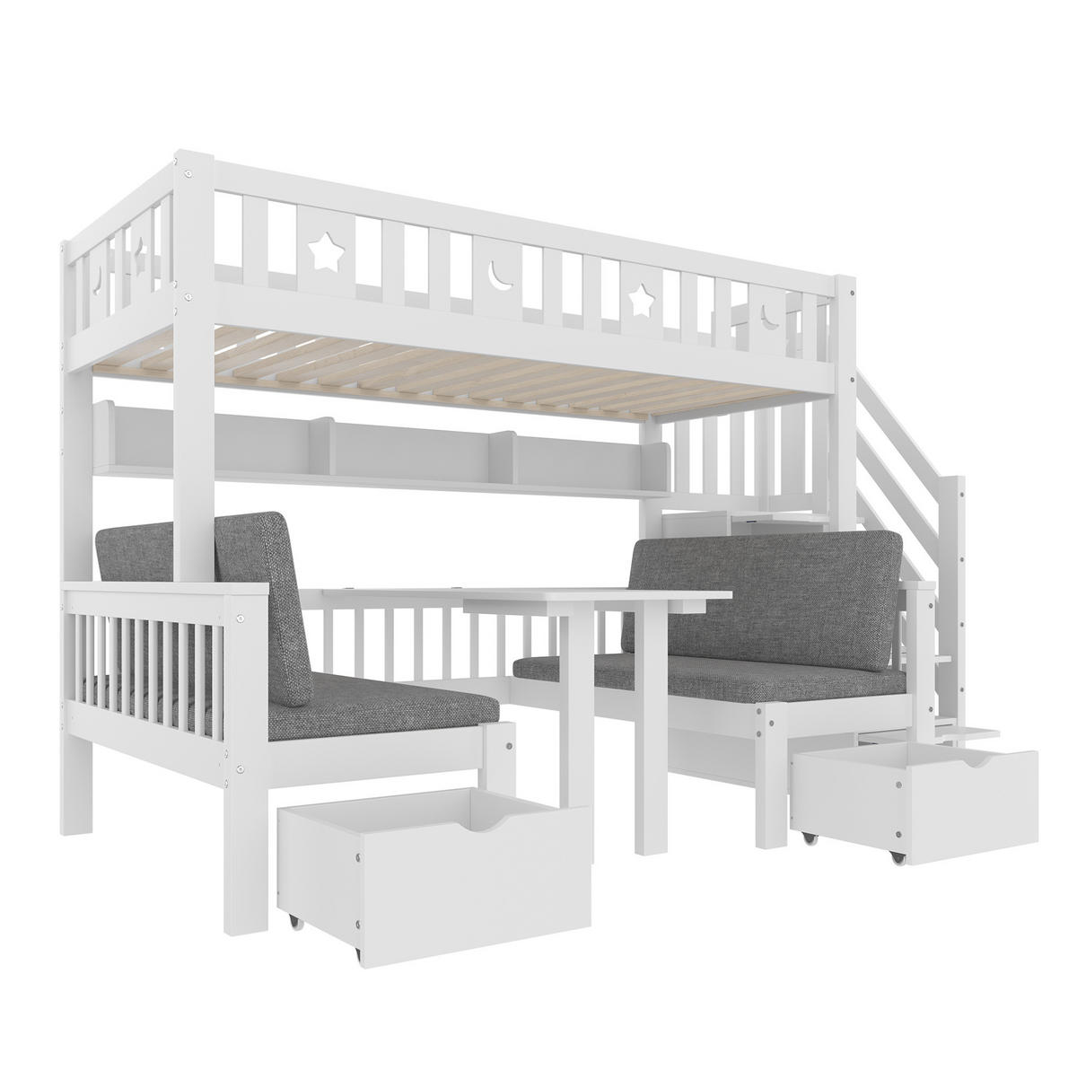 HOCHBETT 2-in-1 mit Klapptisch, Stauraumleiter, weiß, 90/200 cm - Weiß, Holz (90/200cm) - MIVRAY