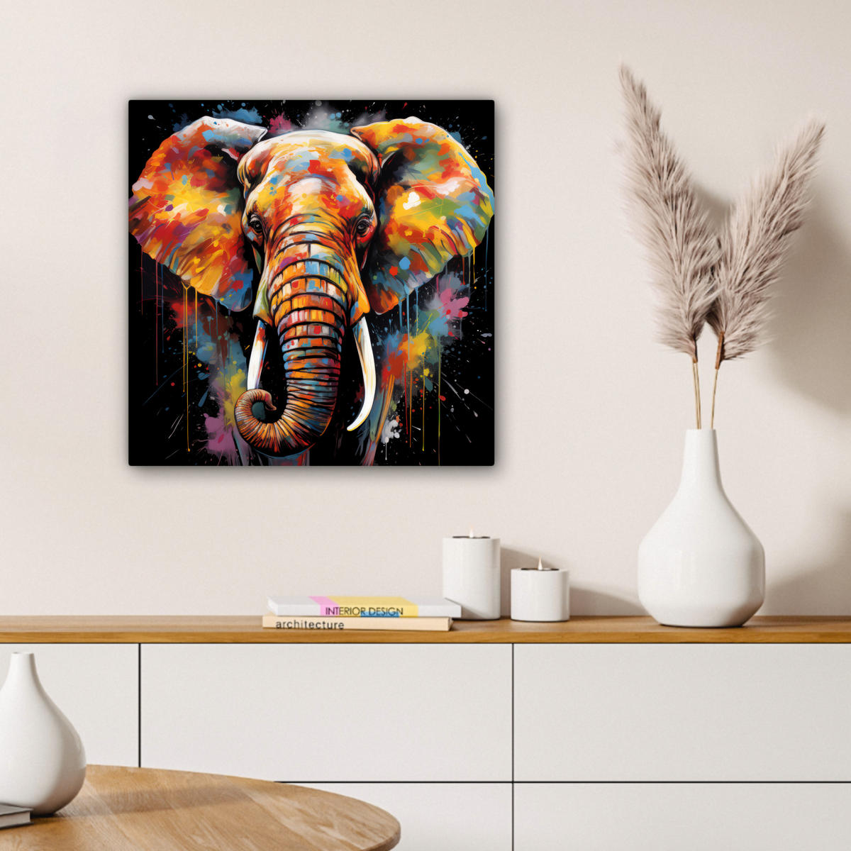 LEINWANDBILD Elefant - Graffiti - Schwarz - Tiere - Farben Wandbild Wohnzimmer 50x50 cm - Schwarz, Textil (50/50cm) - MuchoWow