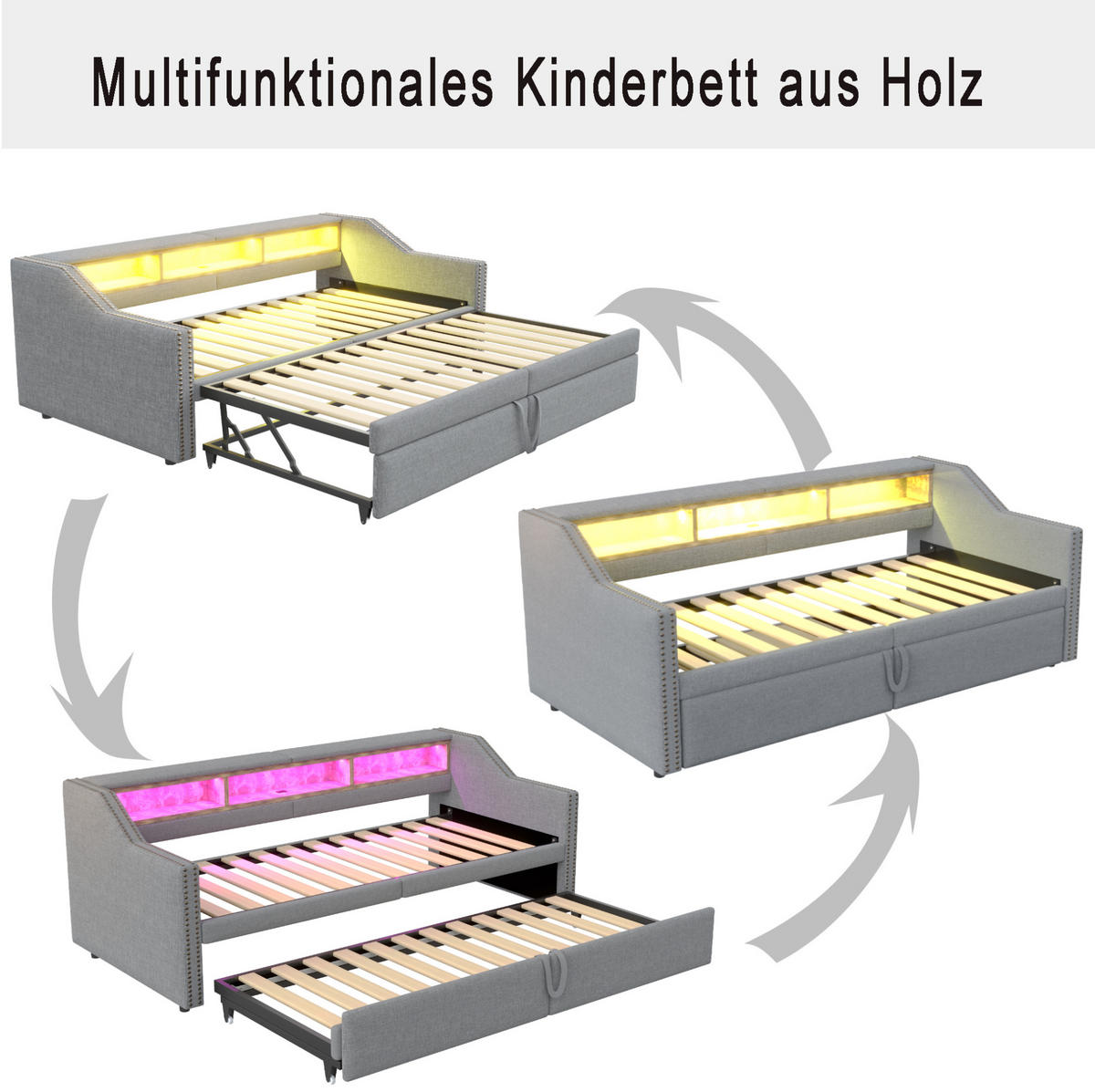 POLSTERBETT 90/200 cm ausziehbar mit LED, Matratze, USB, Ablagefächern und 2 Federkernmatratzen, Hellgrau - Hellgrau, Holzwerkstoff (90/200cm) - Redom