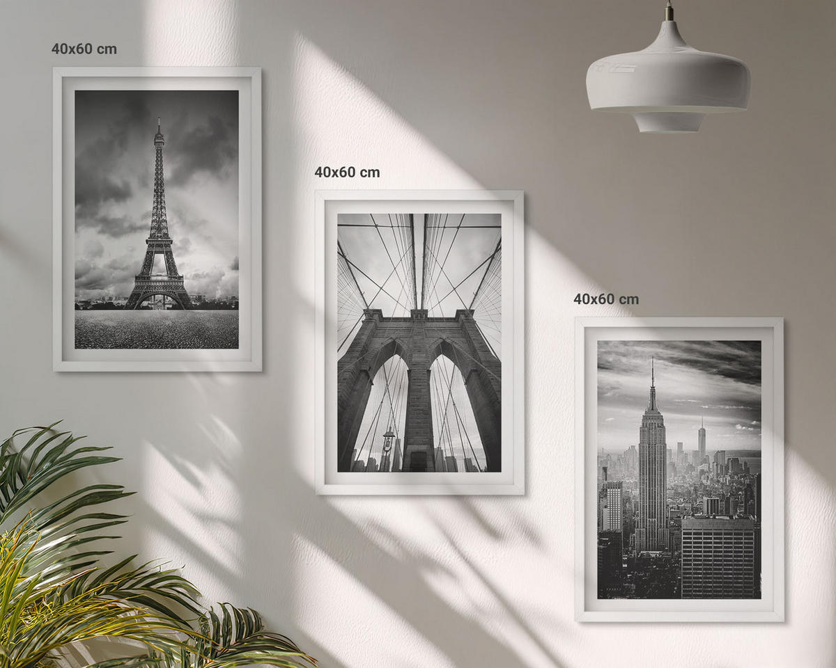 BILDER SET 3er Set - 40x60 cm Weißer Rahmen - Monochromatische Brückentürme - Weiß, Kunststoff (40/60cm) - TULUP