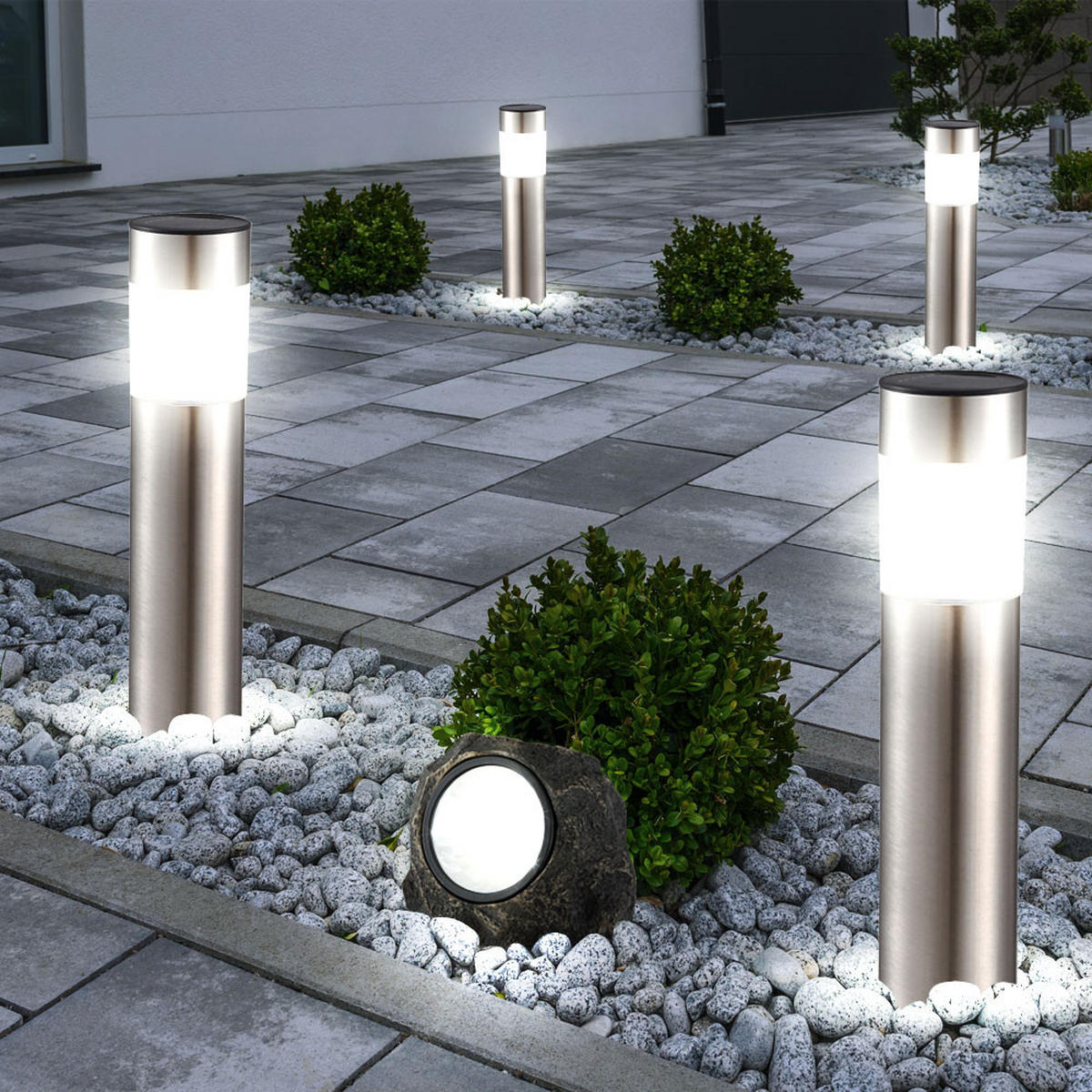 LED AUSSENLEUCHTE SOLAR 5er Set Verschiedene Designs - Silberfarben, Metall (6.5/6.5/38cm)