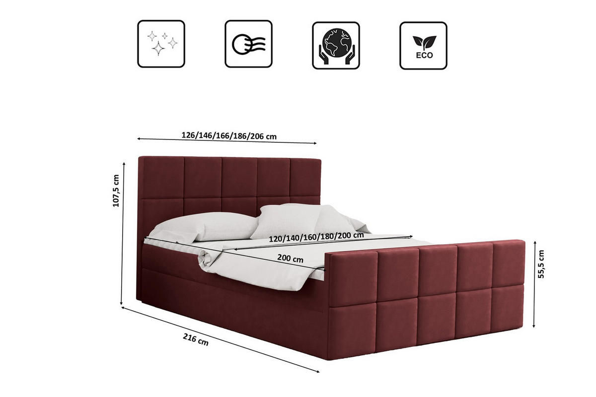 BOXBETT mit Bettkasten und Matratze Topper HANA Stoff Matt Velvet Rotwein 140x200 cm H2-Pocket - Rot, Holz/Textil (140/200cm) - Kaiser Möbel
