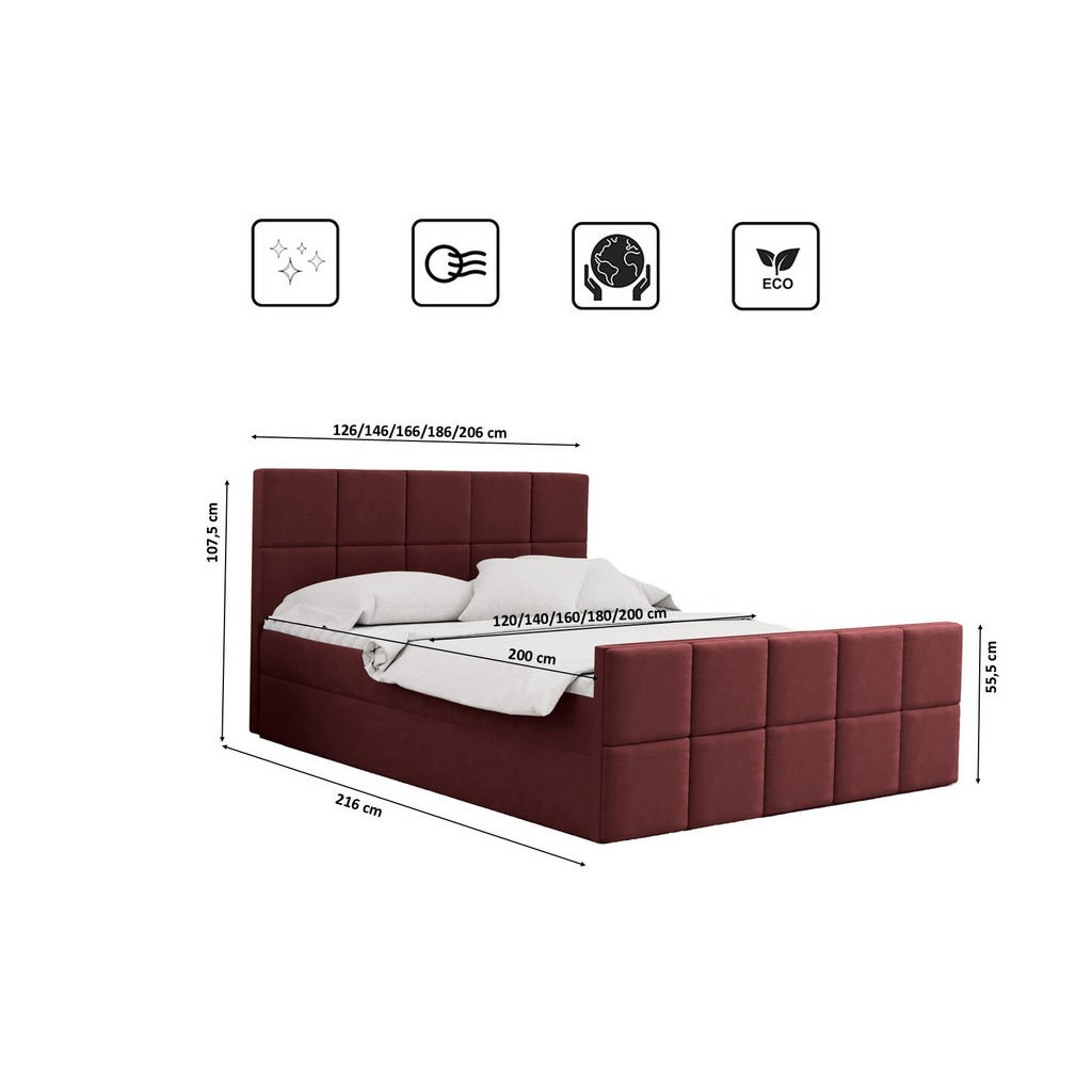 Thumbnail - Kaiser Möbel Boxbett, Rot, Textil, H3, Höhe ca. 20 cm, einzeln stellbar, 180x200 cm, Schlafzimmer, Betten, Boxspringbett...