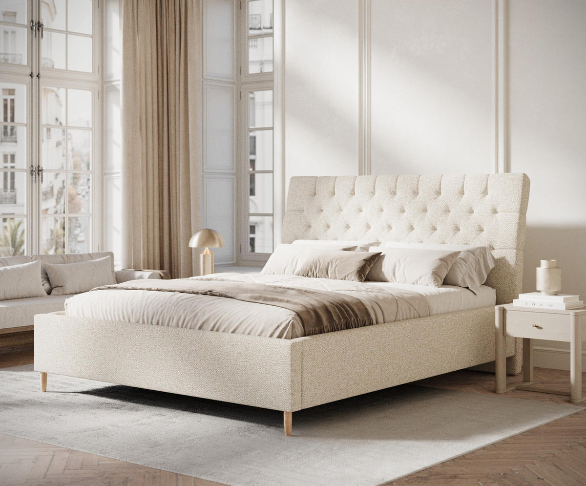 POLSTERBETT Vezzola Creme 160/200 cm im Plüsch-Stoff - Creme/Naturfarben, Holz/Holzwerkstoff (160/200cm) - Maison de Reve