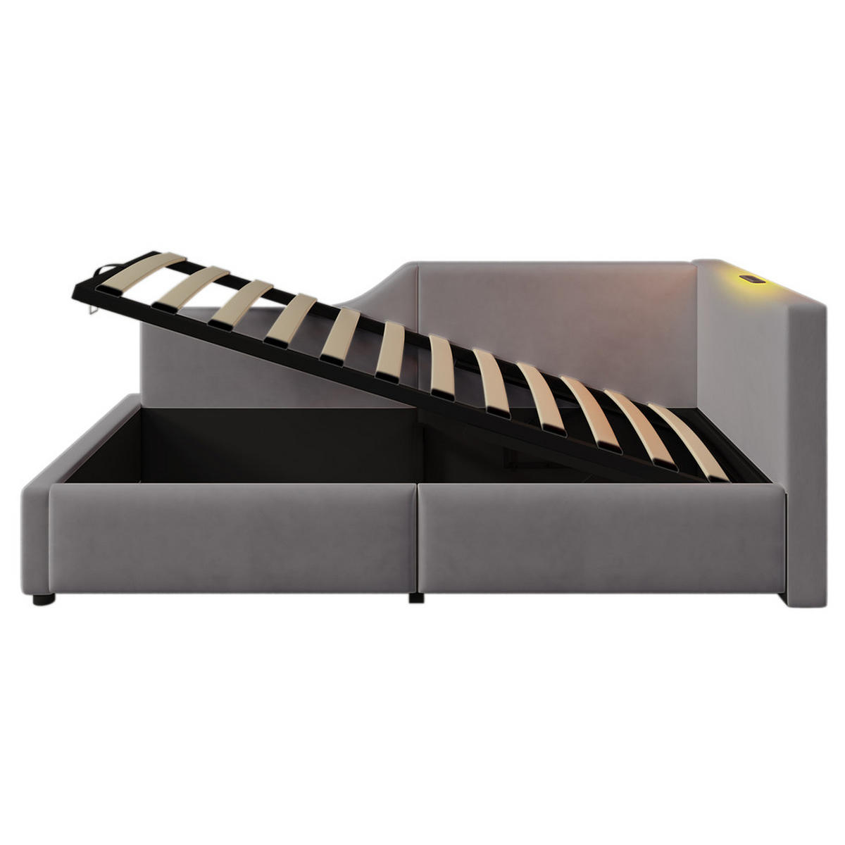 TAGESBETT 90x200cm Schlafsofa hydraulisch USB-C Leselicht Grau Samt - Grau, Holz (90/200cm) - FLIEKS