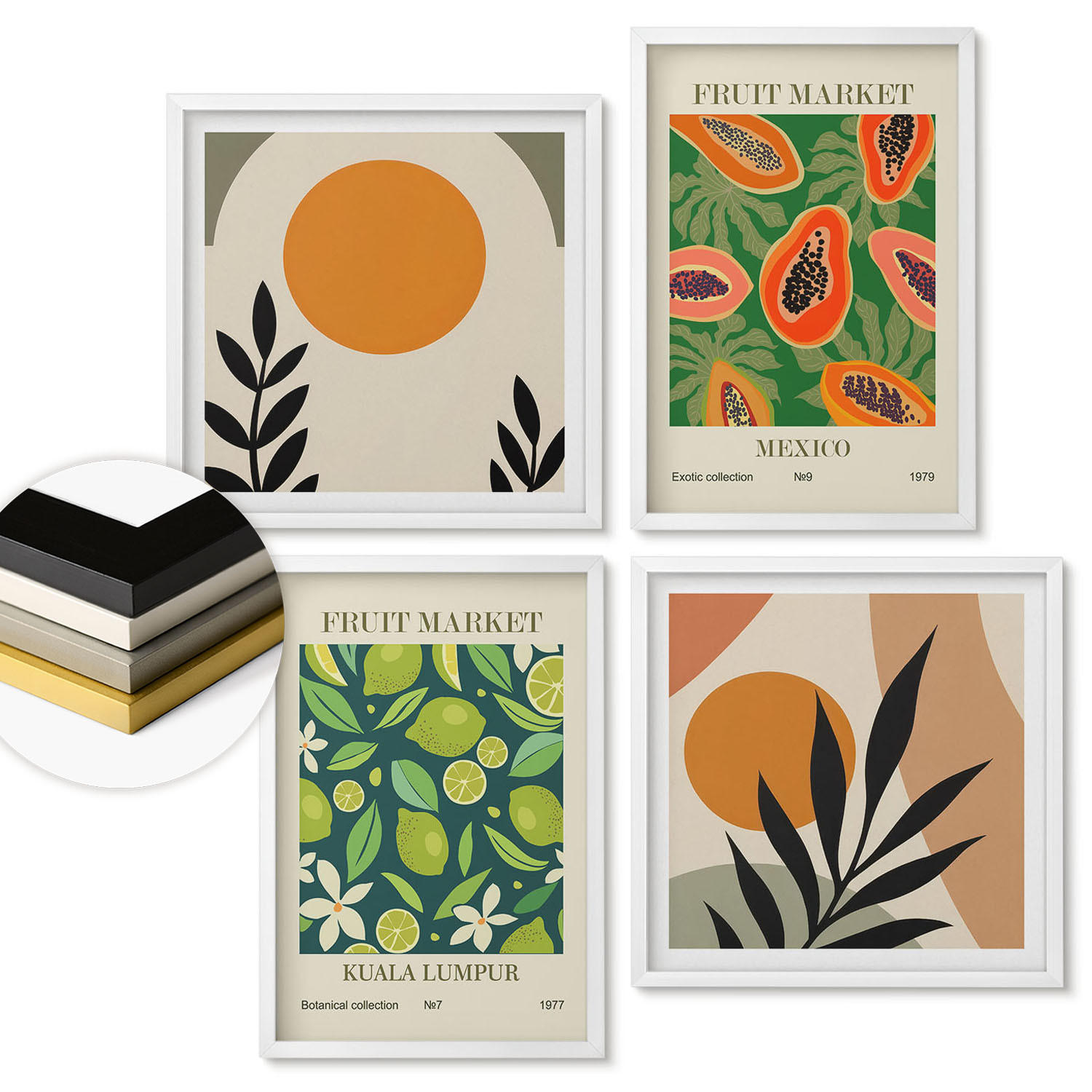 WANDBILDER 4er-Set - 50x50 cm & 40x60 cm Weißer Rahmen - Boho-Papaya-Fruchtmuster - Weiß, Kunststoff (50/50cm) - ArtPrintCave