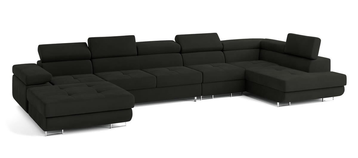 WOHNLANDSCHAFT VELORA R-S Schwarz Velours-Stoff mit Schlaffunktion - Schwarz, Holz (419/90/202cm) - MASSENO