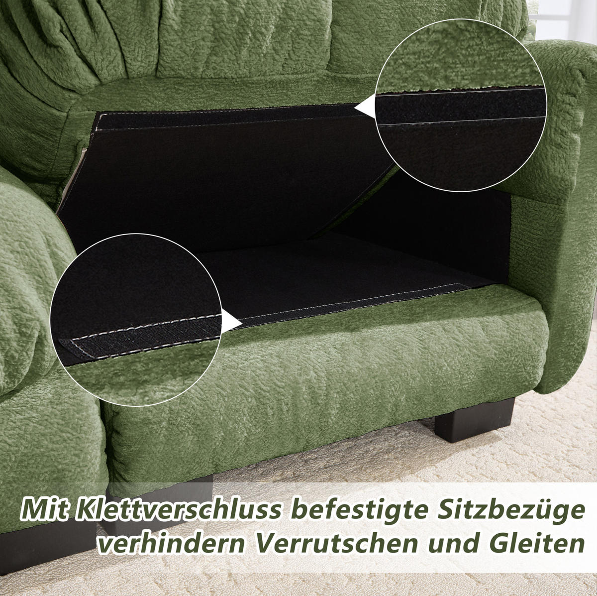 SOFA 260/149/90 cm in Grün aus Chenille mit Ottomane und 2 Kissen - Grün, Textil (149/90/260cm) - Flora Grace
