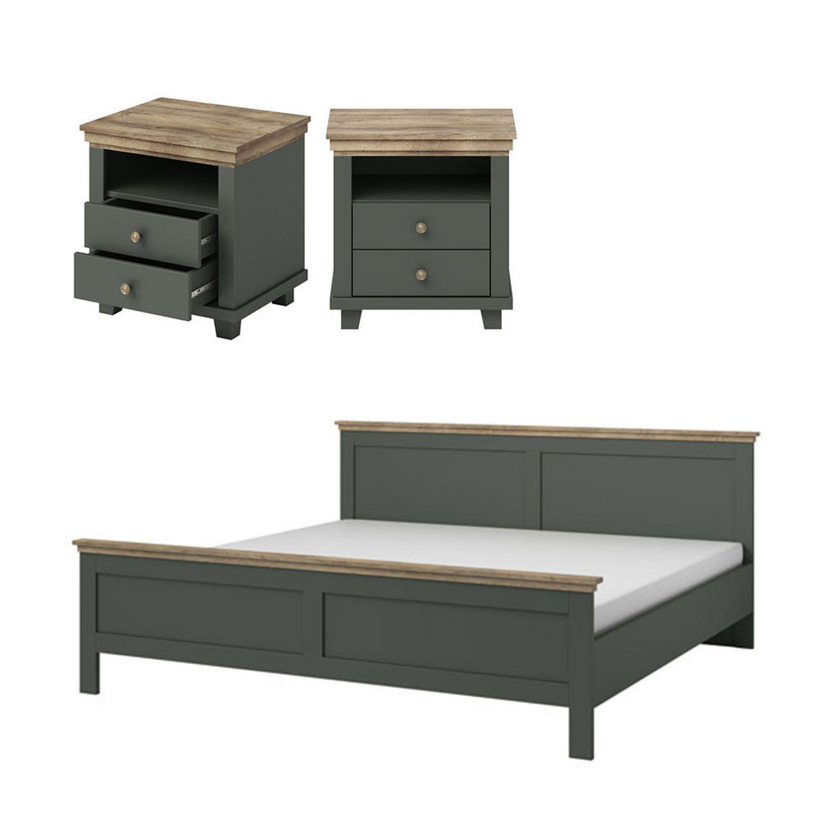 SCHLAFZIMMER-SET Evora grün / eiche lefkas 3-teilig - Braun/Grün, Holz/Holzwerkstoff (160/200cm) - Feldmann-Wohnen