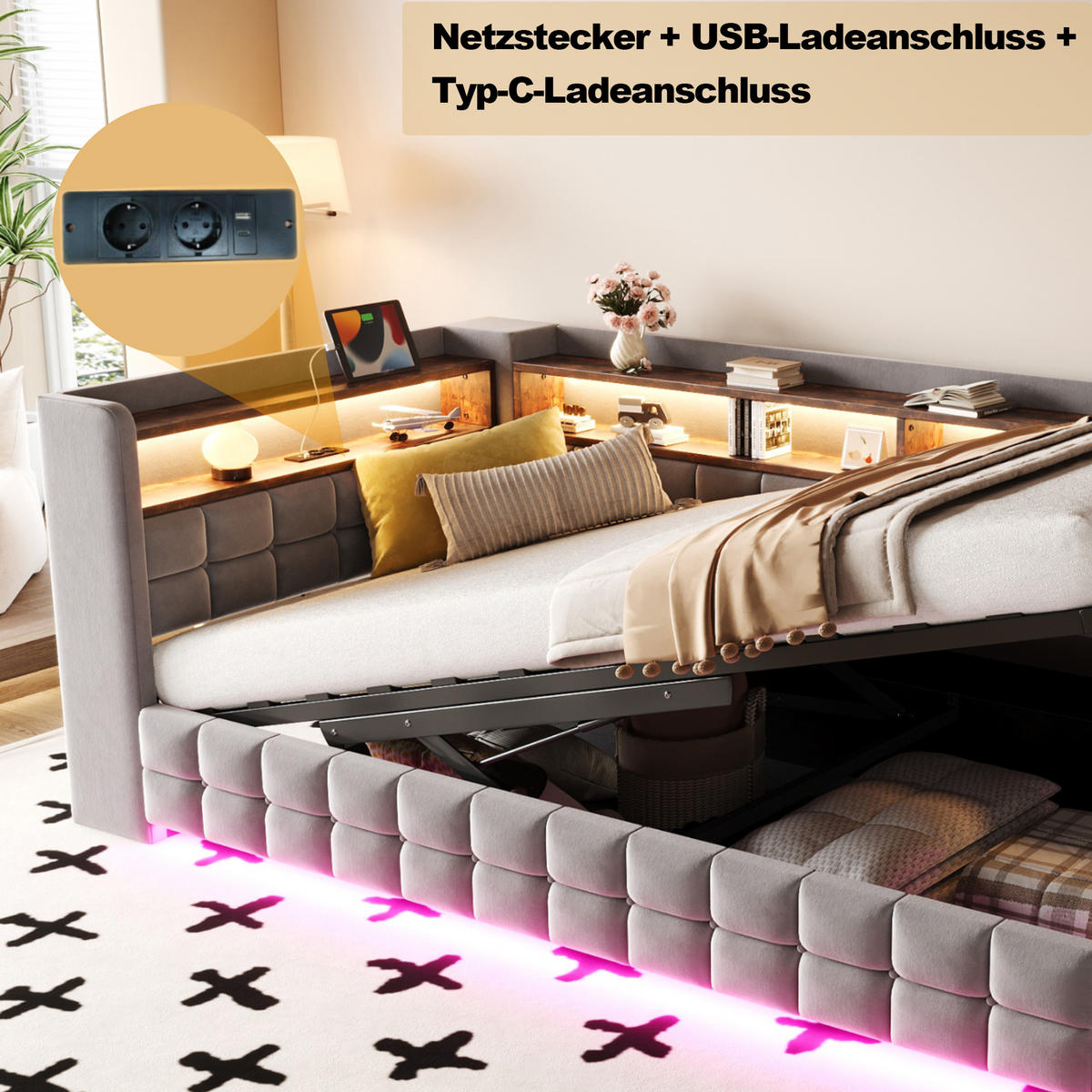 POLSTERBETT 90/200 cm Hellgrau aus Velours mit Stauraum mit LED-Beleuchtung - Hellgrau, Textil (90/200cm) - OKWISH