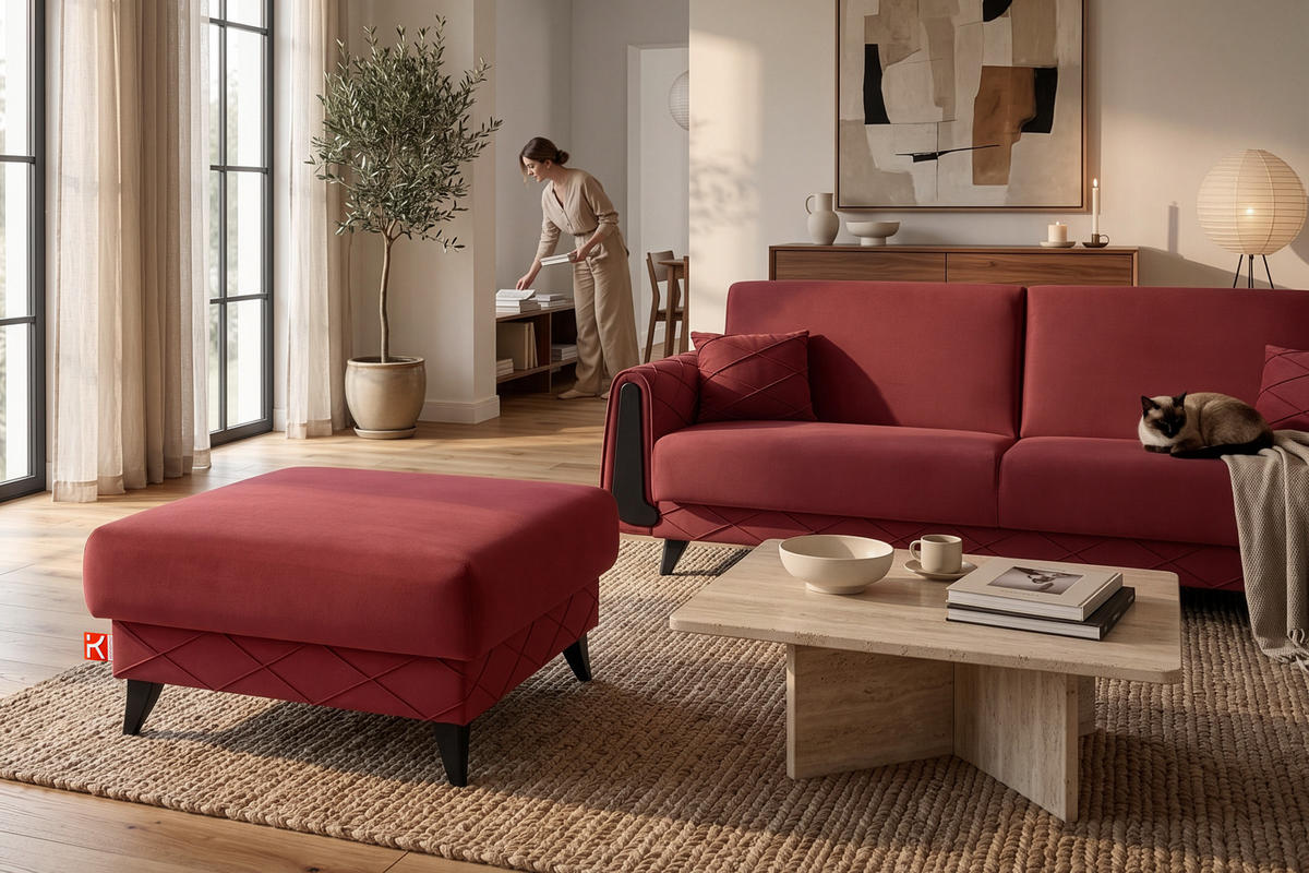 POUF GUSTAVO III Velours, Bordeaux - Bordeaux, Holz/Holzwerkstoff (92/49/92cm) - KONSIMO®