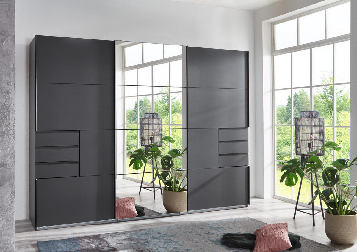 KLEIDERSCHRANK Saigon in Grafit und schwarzen Griffen mit einer Spiegel Türfront – Schwebetürenschrank 3 türig - 270 cm Breite - Grau, Holzwerkstoff (80/200/120cm)