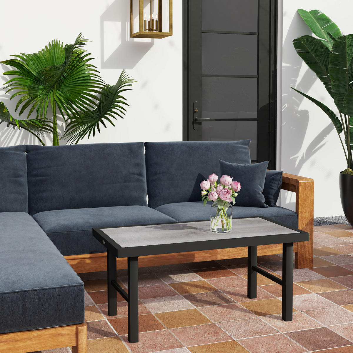 GARTENBEISTELLTISCH DE-14181 rechteckig 100x52 cm, Holzoptik Schwarz - Grau, Metall (100/52/46cm) - ComfortXL