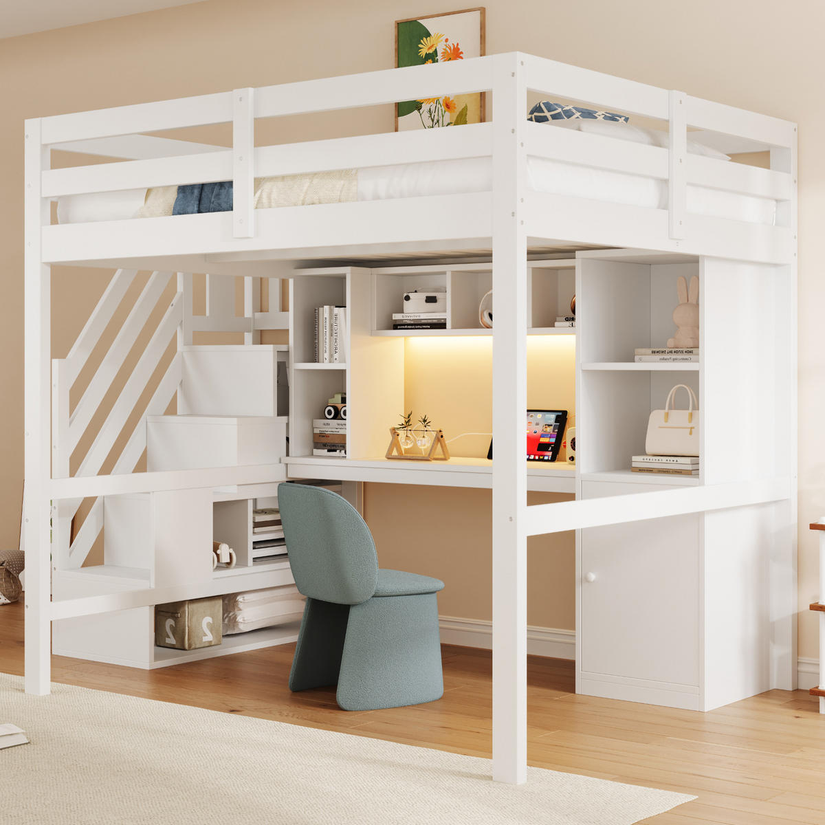 HOCHBETT 140/200 cm in Weiß mit Treppe, Schreibtisch, Regalen, Schränken, LED und Steckdosen aus Holz - Weiß, Holzwerkstoff - STILVORA