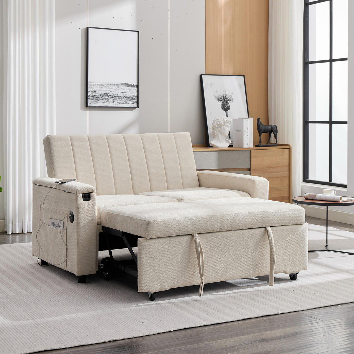 SCHLAFSOFA 140/84.5/84 cm Beige mit Klapptablett, USB & Type-C Ladeanschluss, Seitentaschen und Rollen - Beige, Textil (140/84/84.5cm) - Oxeza