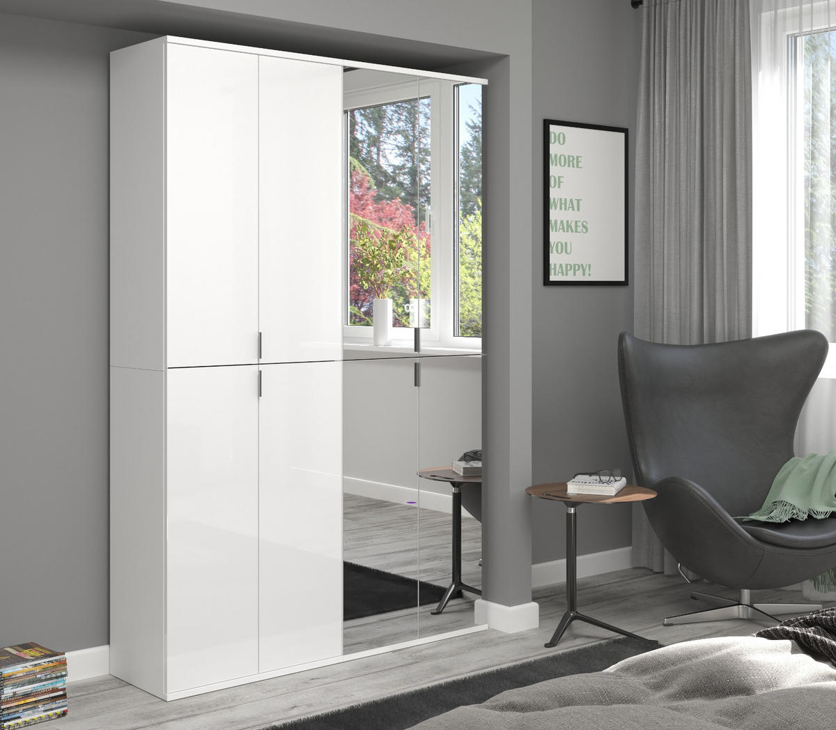 GARDEROBENSCHRANK weiß Hochglanz 122 cm, Schuhschrank mit Spiegel - Chromfarben/Weiß Hochglanz, Glas/Holzwerkstoff (122/193/34cm) - Inn.Furn