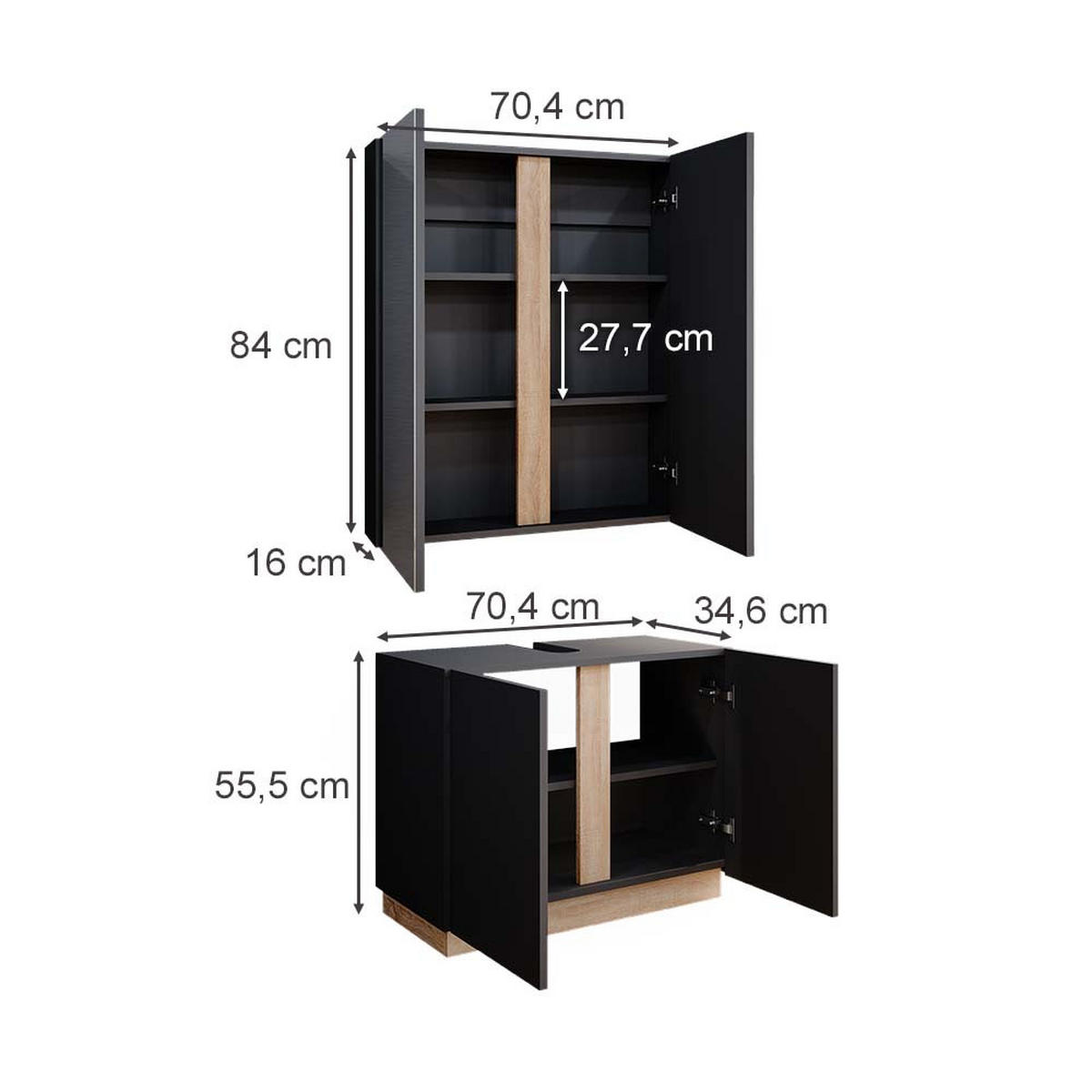 BADMÖBEL-SET Gloria Anthrazit 2 Teile - Anthrazit/Sonoma Eiche, Holzwerkstoff (70/55/34cm) - Vicco
