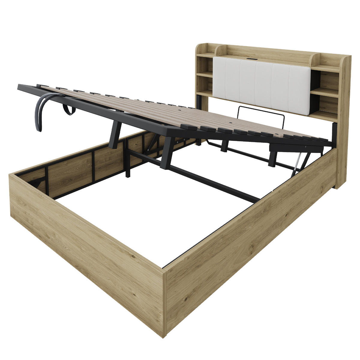 BETT 180/200 cm in Holzfarbe MDF mit Bettkasten, Kopfteil-Ablagefächern und USB-/Type-C-Steckdose - Naturfarben, Holz/Holzwerkstoff (180/200cm) - WISHDOR