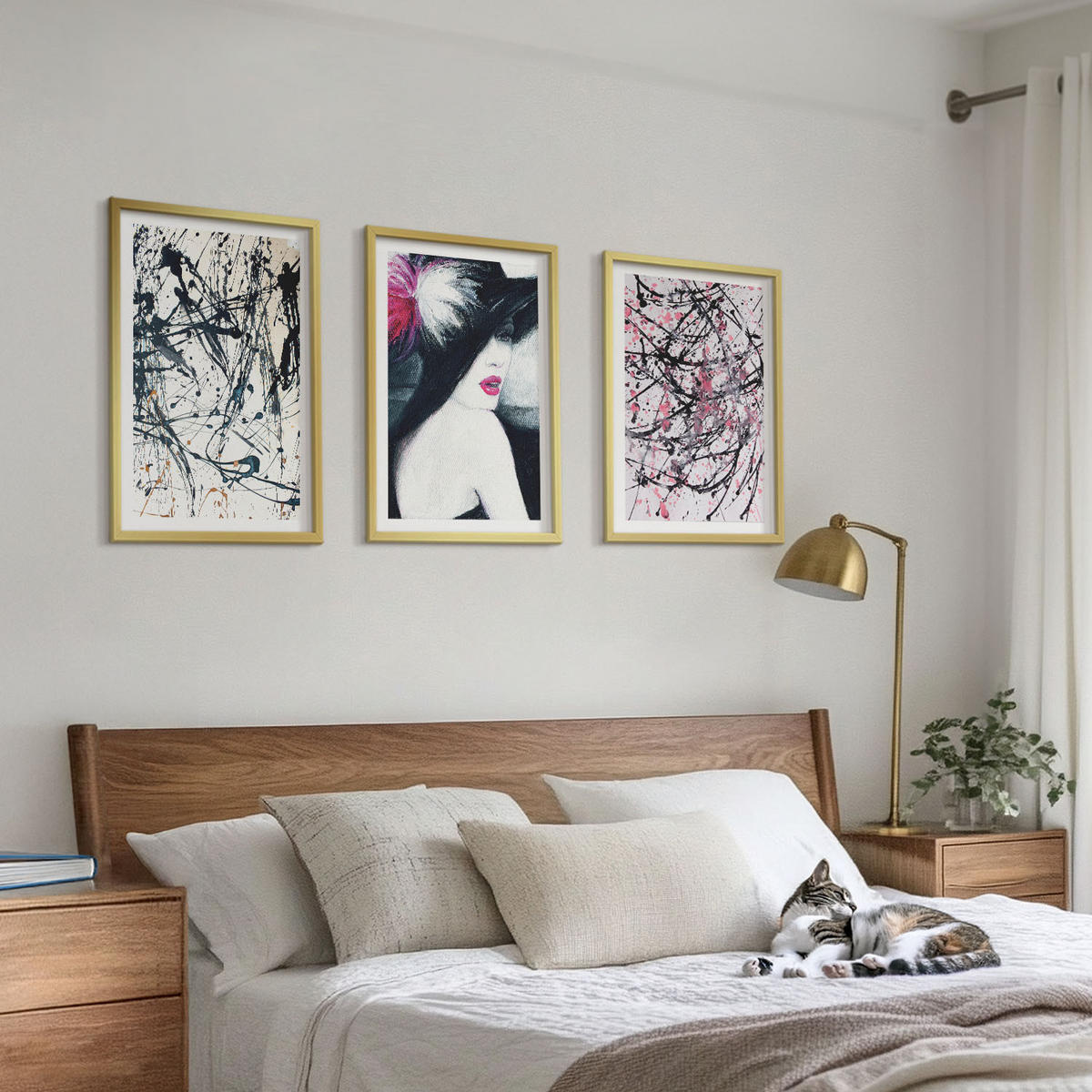 WANDBILDER 3er Set - 40x60 cm Goldrahmen - Abstrakte Farbmuster Hut - Goldfarben, Kunststoff (40/60cm) - ArtPrintCave