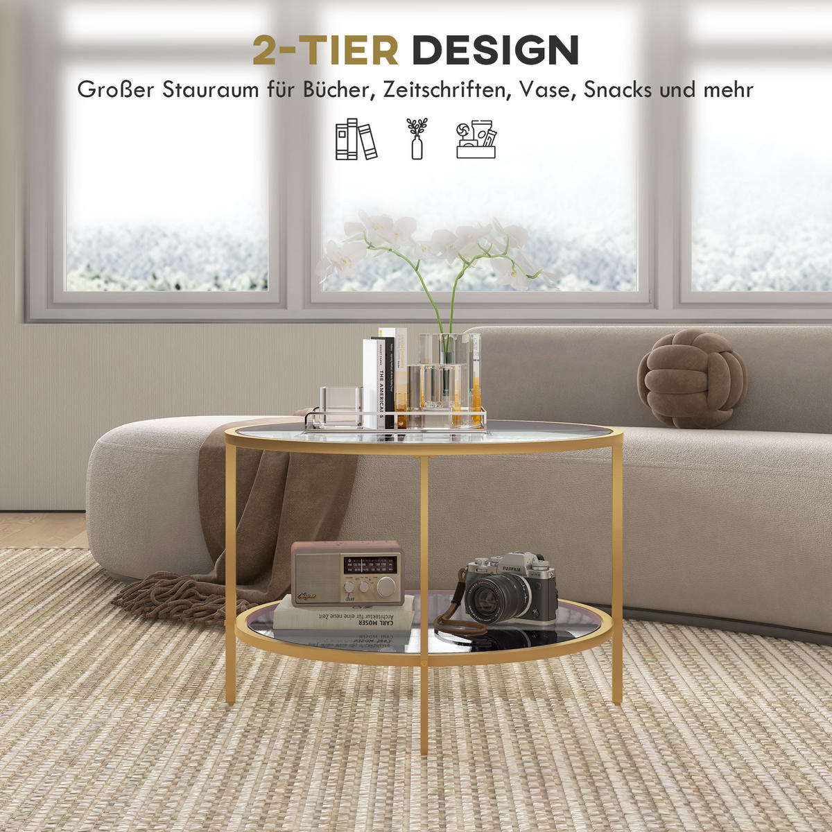 BEISTELLTISCH, Gehärtetes Glas, Gold - Goldfarben, Glas (60/60/43cm) - HOMCOM