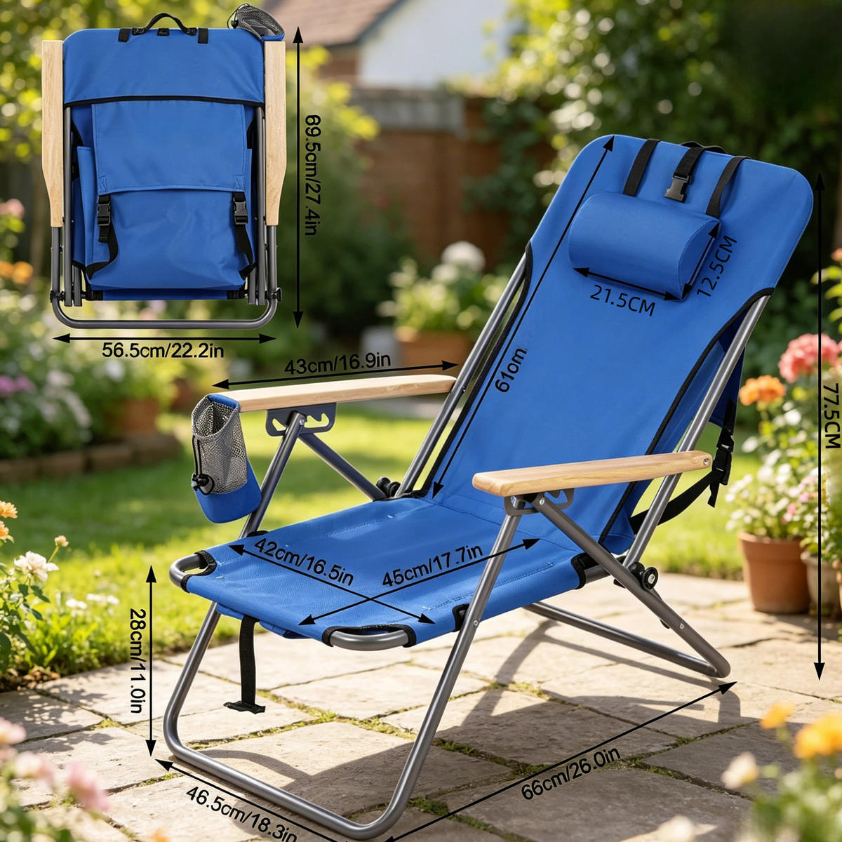 KLAPPSTUHL aus 600D Oxford Stoff 98x56x57 cm in Blau mit 4 Positionen - Blau, Metall (56/57/98cm) - Modfu
