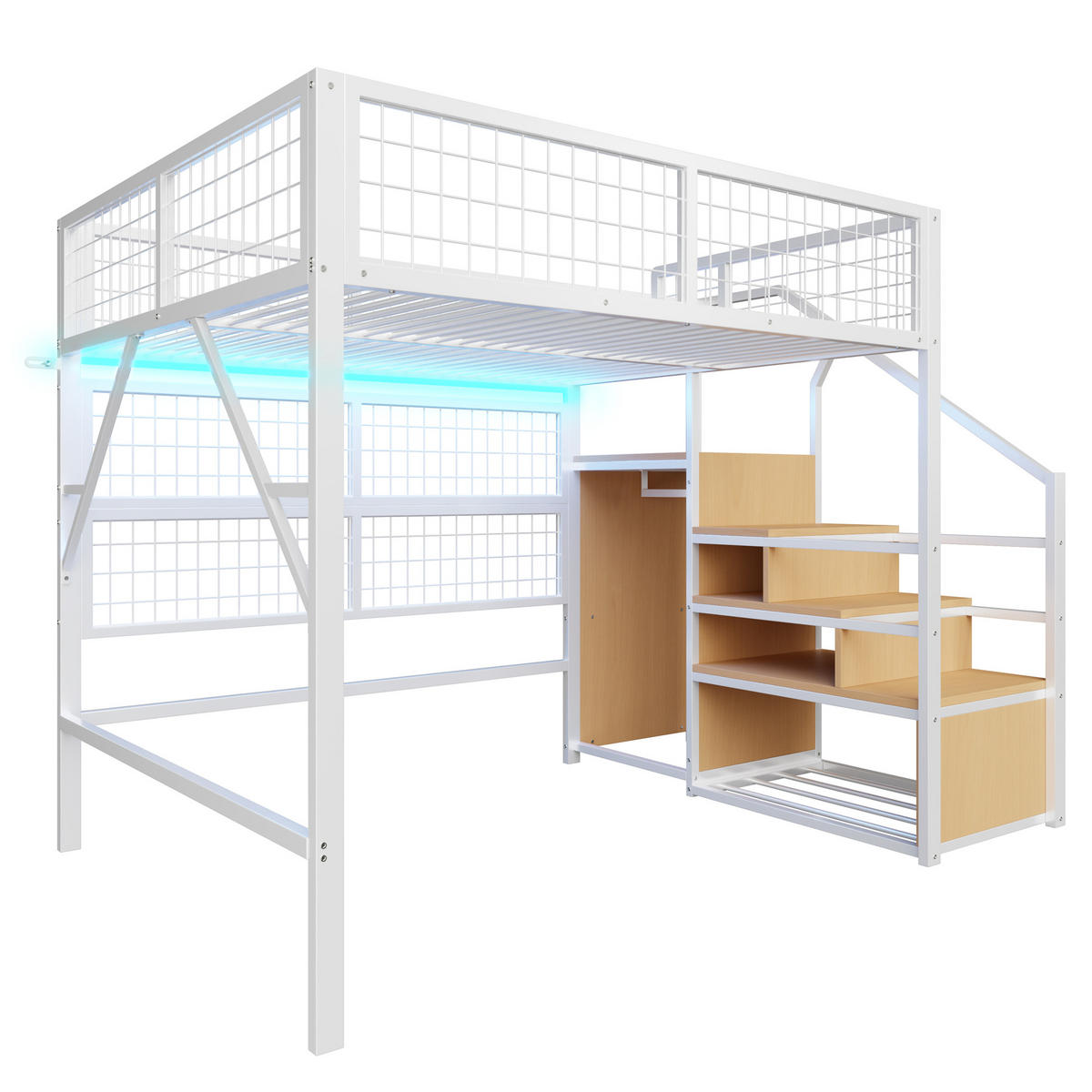 HOCHBETT 140/200 cm DE-01390, in Weiß, mit LED-App und Stauraumtreppe - Weiß, Metall (140/200cm) - ComfortXL