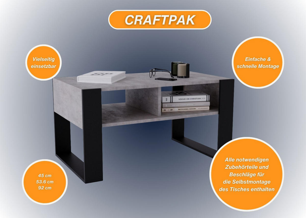 COUCHTISCH Holzwerkstoff rechteckig stabil Grau 45/53,6/92cm - Schwarz/Grau, Holzwerkstoff (53.6/92/45cm) - CraftPAK