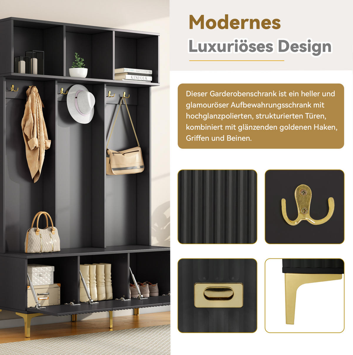 GARDEROBE 120/191,5/23,5 cm Schwarz aus Spanplatte mit Sitzbank - Schwarz, Holzwerkstoff (40/191/120cm) - OKMYHOME
