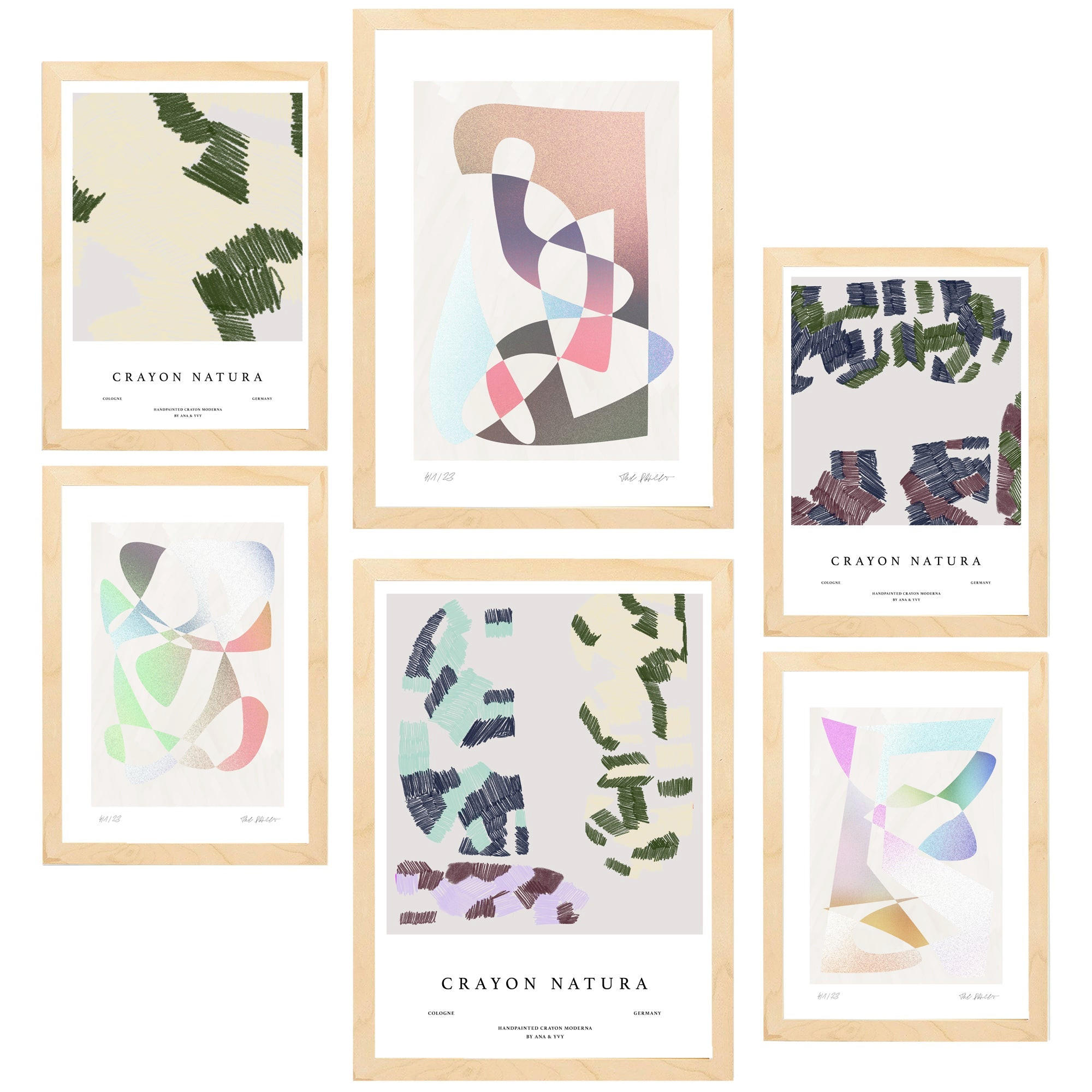 POSTER Set Mit 6 Abstrakte Figurative Kunst In Pastelltönen A3 & A4 Rahmen Aus Hellem Holz - Beige, Papier (29/3cm) - Nacnic
