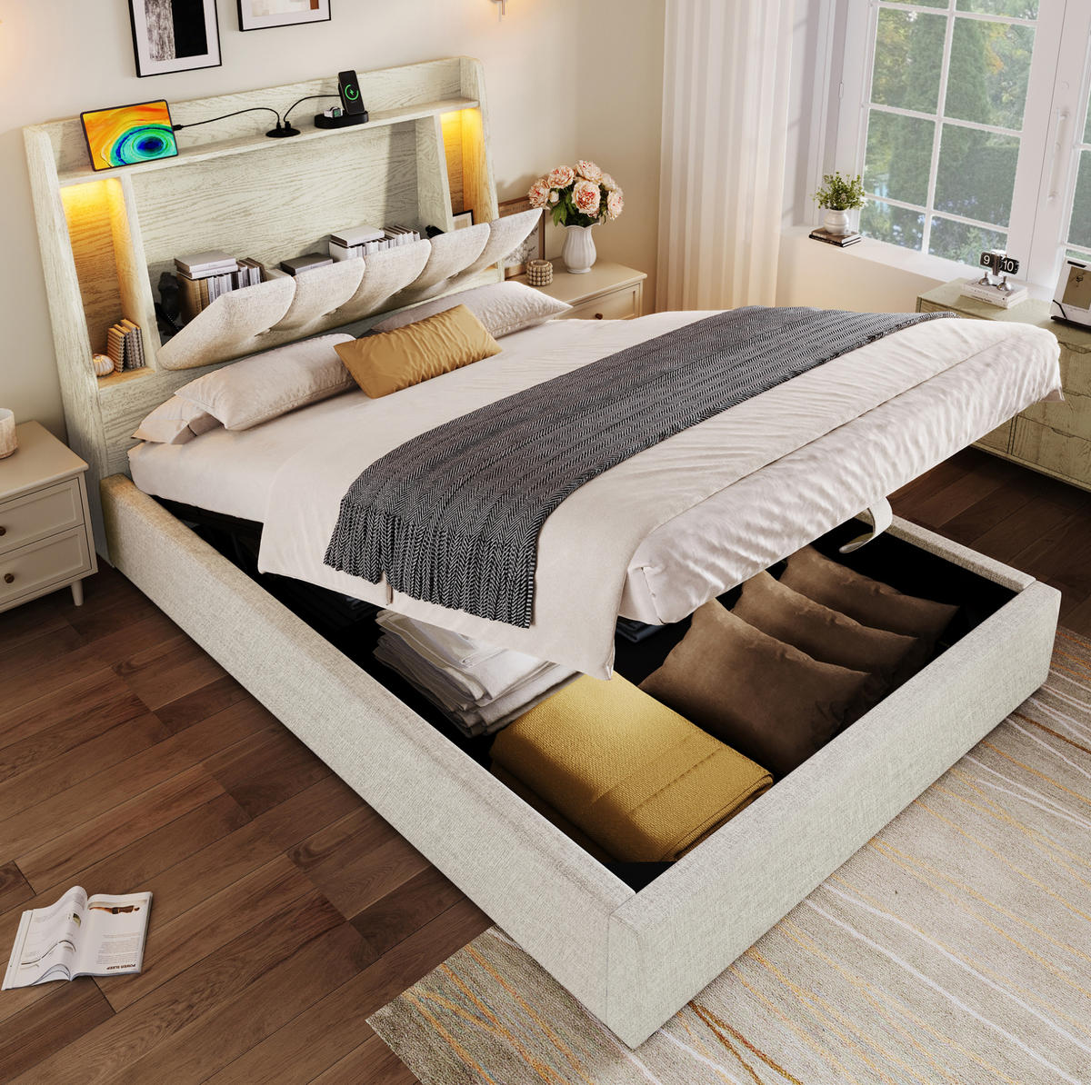 POLSTERBETT 90/200 cm in Beige mit LED-Beleuchtung und USB- und Type-C-Anschlüssen - Beige, Textil (90/200cm) - Flora Grace