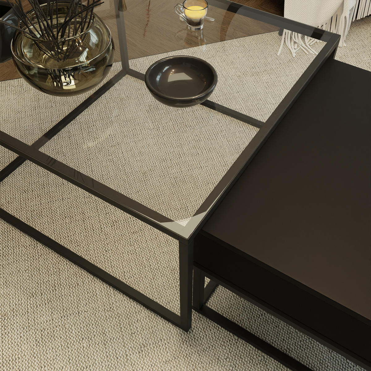 COUCHTISCH quadratisch Schwarz, MDF/Glas Tischplatte, Rahmen Schwarz - Schwarz, Glas/Holzwerkstoff (70/70/42cm) - Idohome