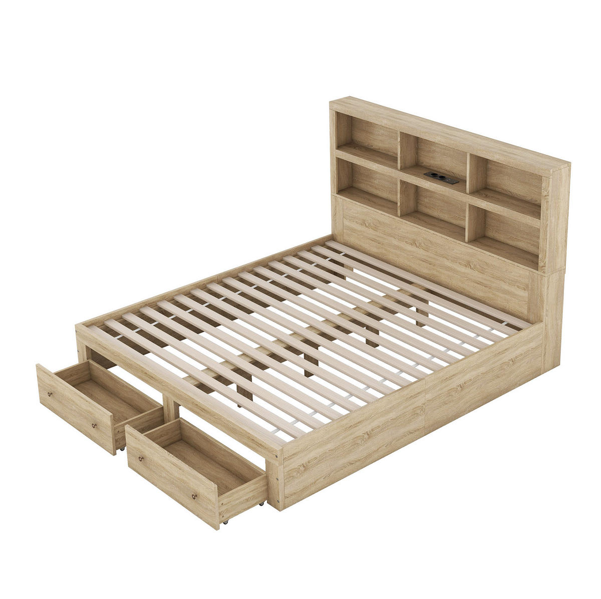 BETT 160/200 cm in Natur mit Stauraum und USB-Anschluss - Naturfarben, Holzwerkstoff (160/200cm) - Flora Grace