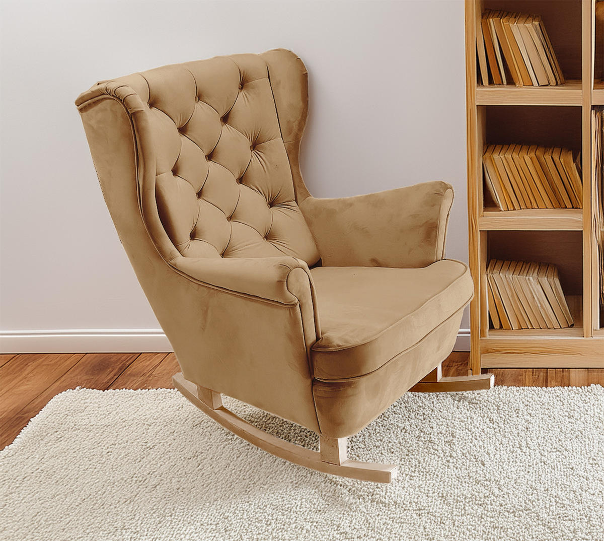 SCHAUKELSESSEL mit gepolstertem Sitz und Armlehnen, 102x81x95 cm, Beige_29806 - Kaschmir/Buchefarben, Holz/Textil (81/102/95cm) - DomoHome