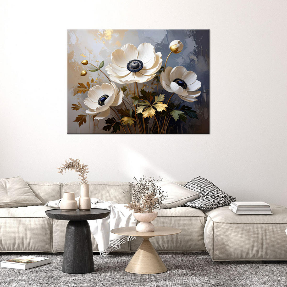 BILD auf Leinwand, Beigefarbene Anemonen Blumen Pflanzen Natur - Beige, Textil (45/30cm) - Feeby