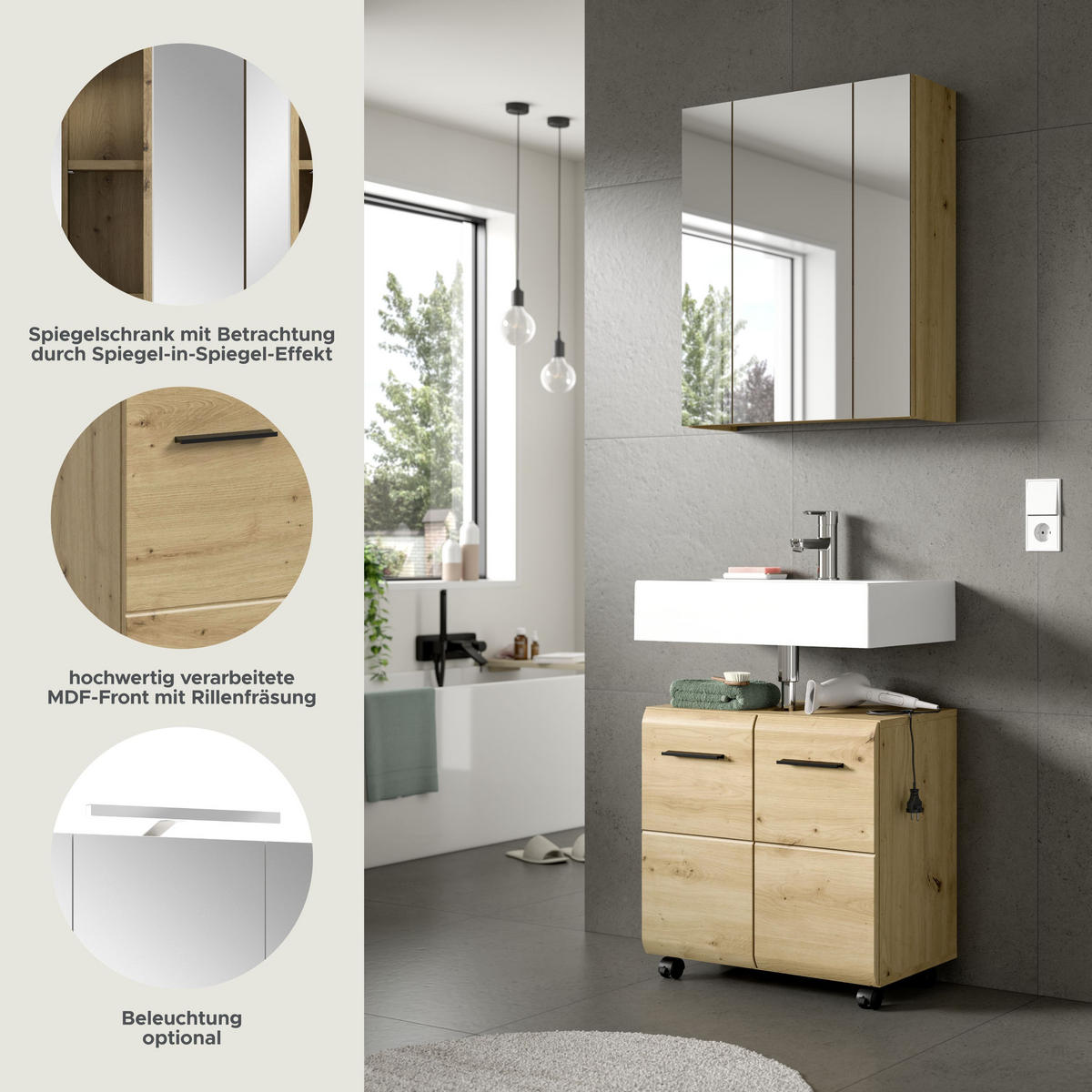 BADKOMBINATION AUF ROLLEN Ice Artisan Oak 60/30/185 cm - Braun, Holzwerkstoff (60/185/30cm) - Xonox