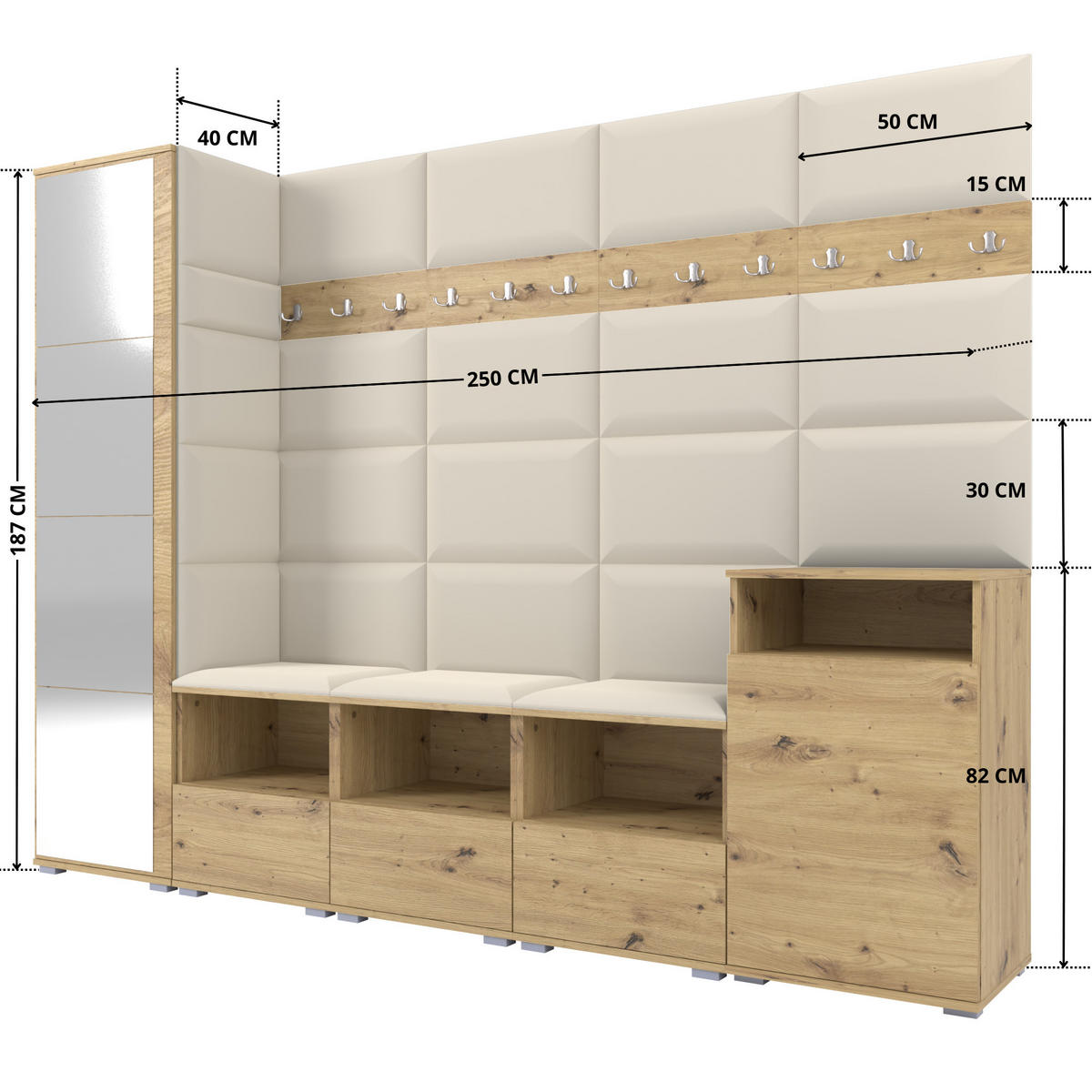 GARDEROBE NELA XI 250 cm (Modulare Flurmöbel Artisan Eiche mit Spiegel & Sitzpolster Creme 01 Großes Set) - Silberfarben/Creme, Holz/Holzwerkstoff (250/187/40cm) - Ravio