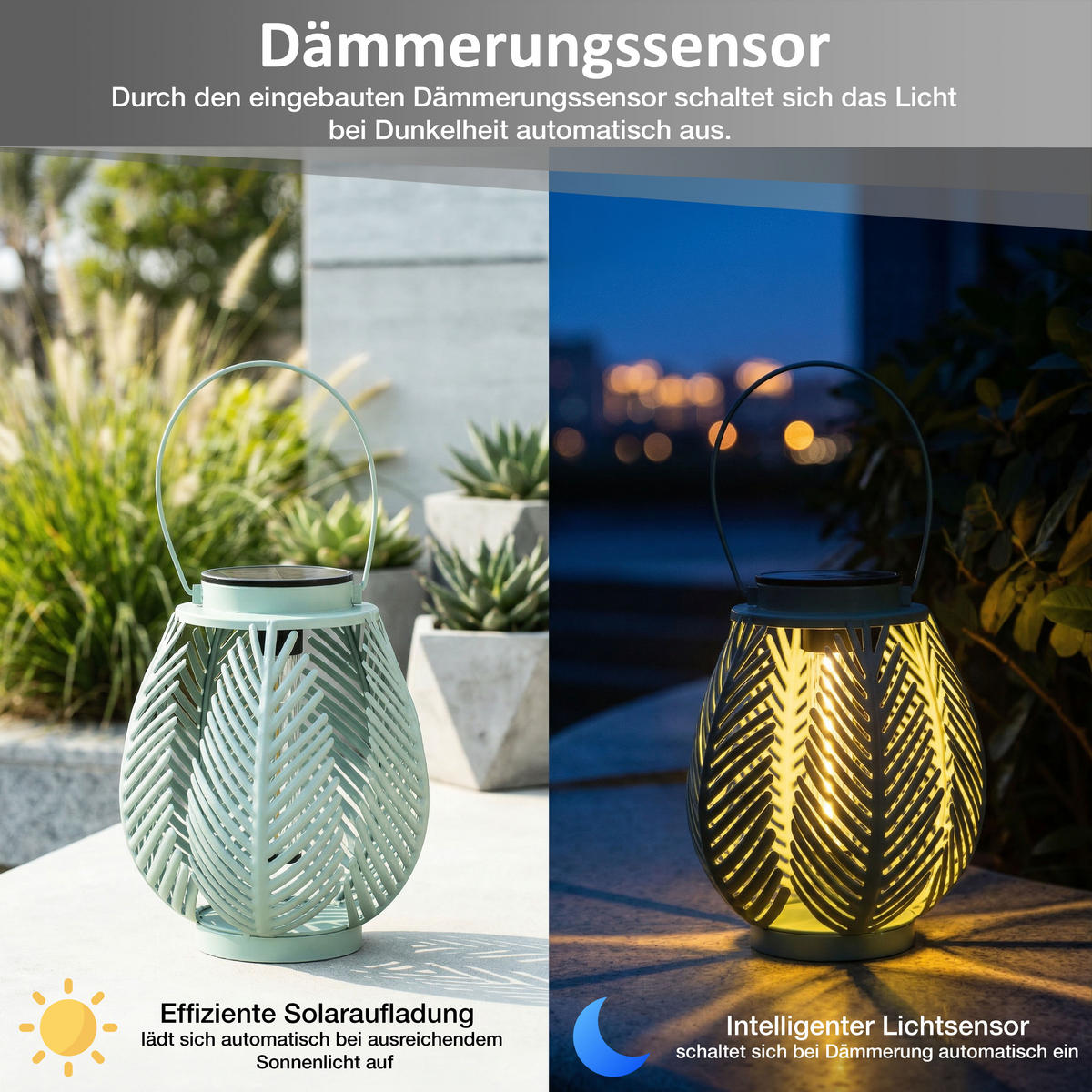 LED-LATERNE Gartenleuchte COB-LED Metall Ø 19 x 22 cm ELBLIGHT Farn-Blätter - Mintgrün, Metall (19/19/22cm) - Northpoint
