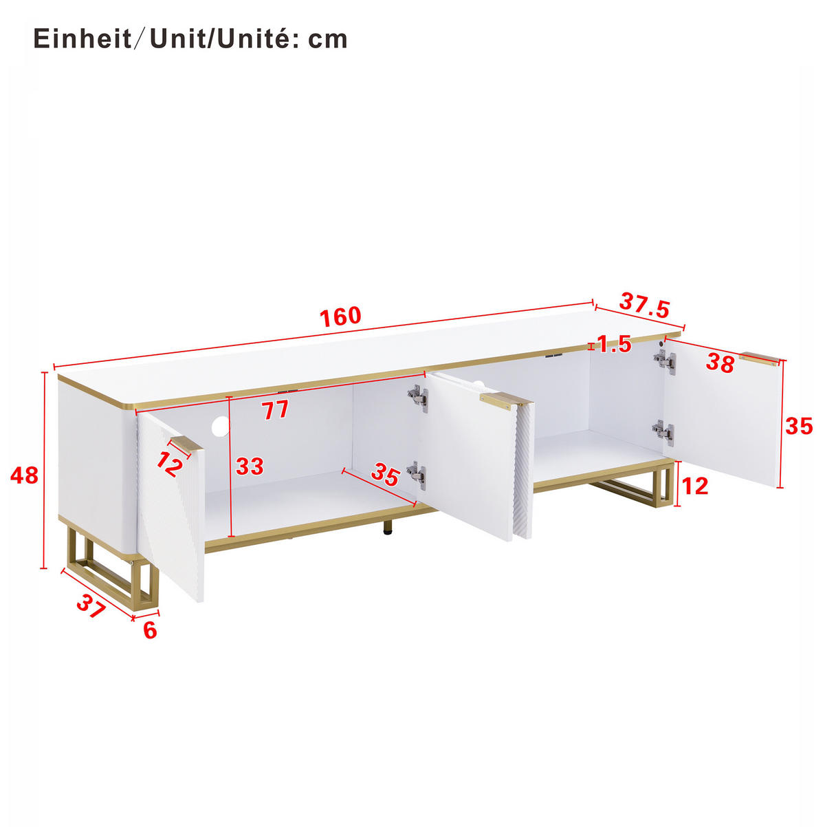 TV-SCHRANK mit 4 Türen 160 x 37,5 x 48 cm Weiß MDF - Weiß, Holzwerkstoff (37.5/48/160cm) - Beauniv