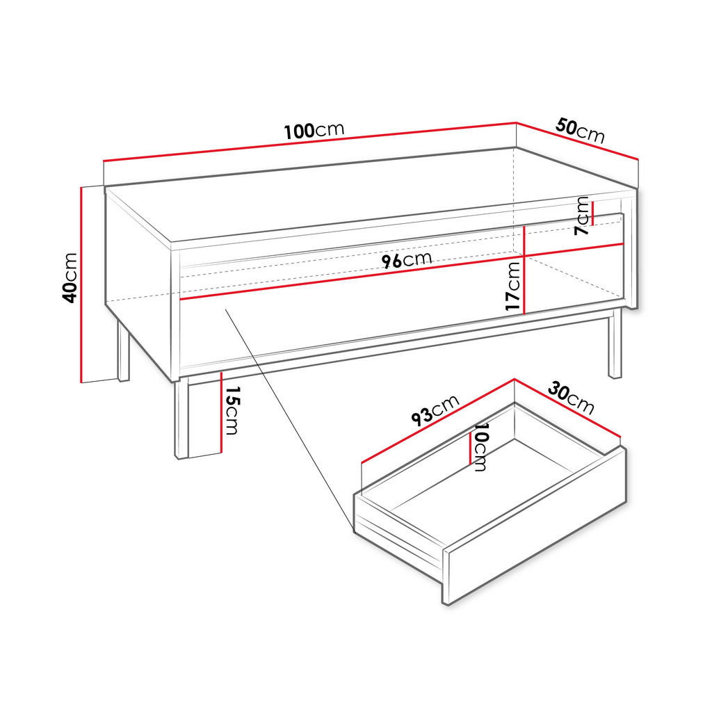 Thumbnail - Mirjan24 Couchtisch, Schwarz, Holzwerkstoff, 1 Schubladen, Rechteckig, Gittergestell, 100x40x50 cm, Wohnzimmer, Wohnzimm...