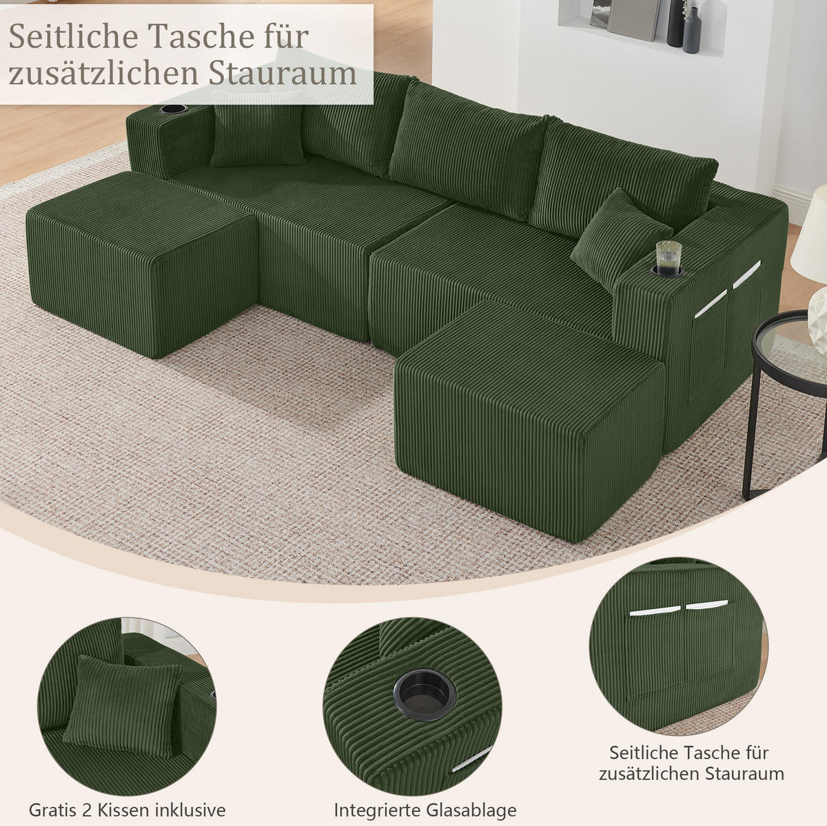 SOFA modular 3-Sitzer L-Form Cord Green mit 2 Ottomanen - Grün, Kunststoff (230/75/138cm) - IVMEU