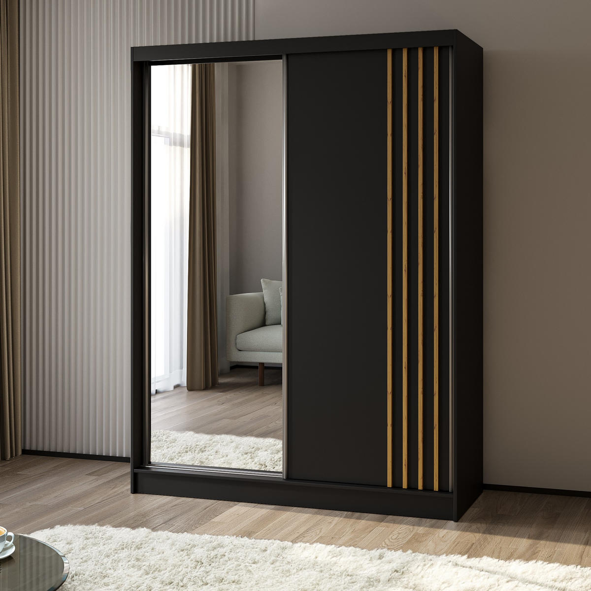 SCHWEBETÜRENSCHRANK NELVIA 160/216/61 cm 2-türig mit Spiegel Schwarz - Schwarz, Holzwerkstoff (160/216/61cm) - MASSENO