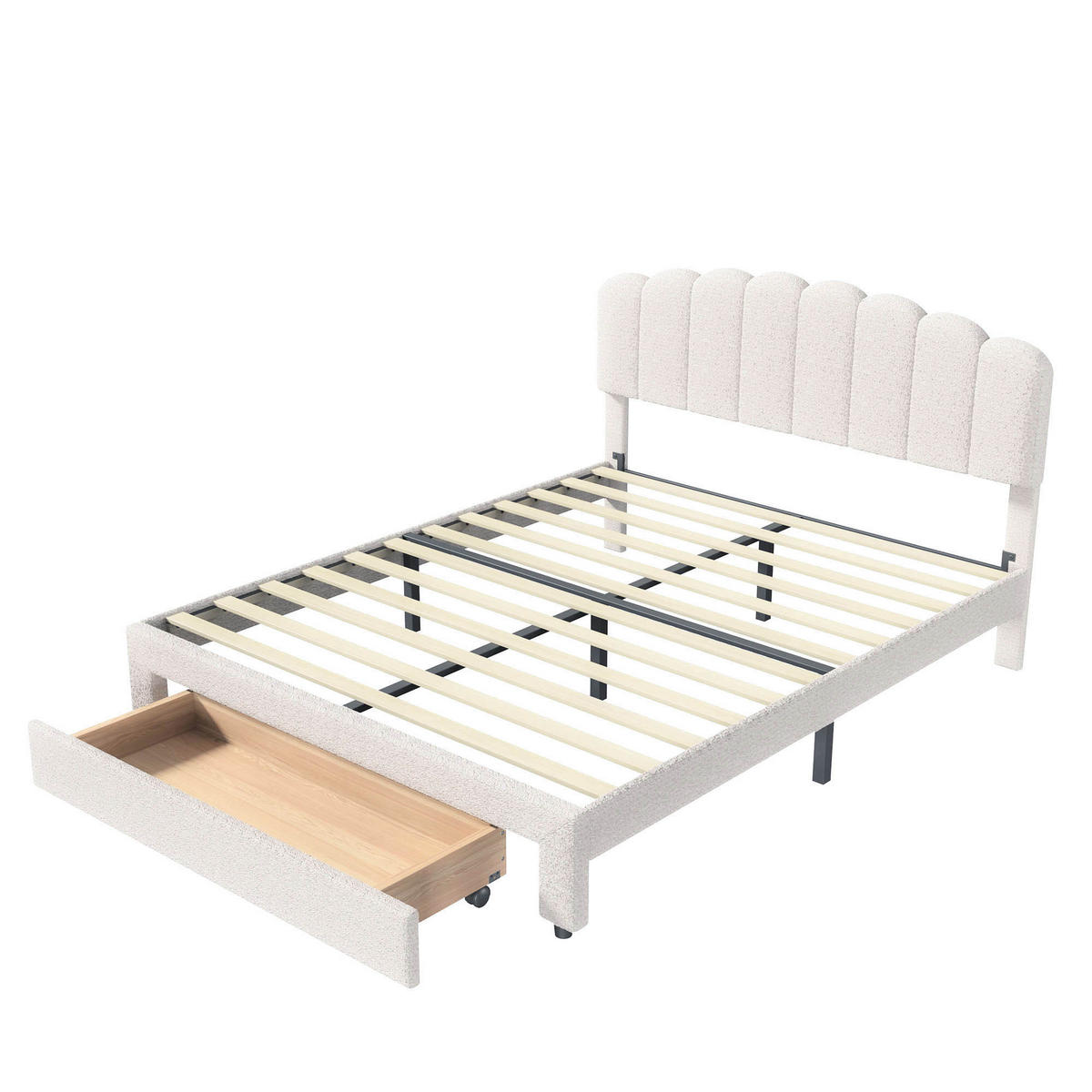 POLSTERBETT 140x200 cm mit Stauraum, Doppelbett mit Schubladen, USB und Typ-C, Lattenrost, verstellbares Kopfteil, Teddy-Fleece Beige - Beige, Holz/Metall (140/200cm) - GENKI LIVING