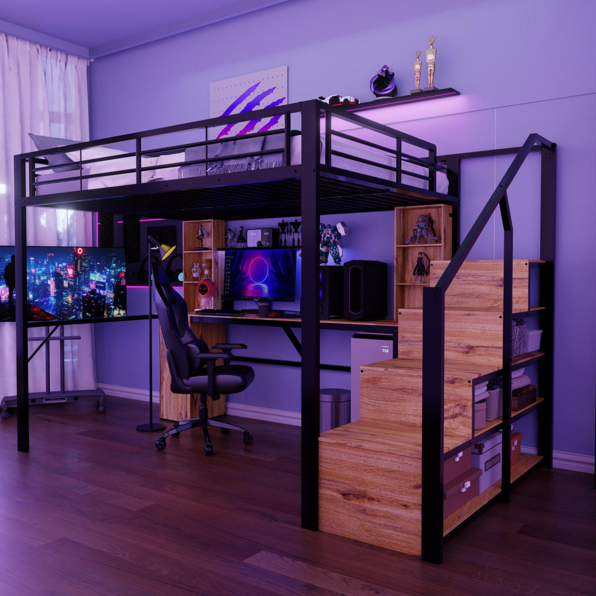 HOCHBETT Metall/MDF 140x200 cm Schwarz mit Schreibtisch, Schrank, Stauraumtreppe und USB-Anschluss - Schwarz, Metall (140/200cm) - Modfu