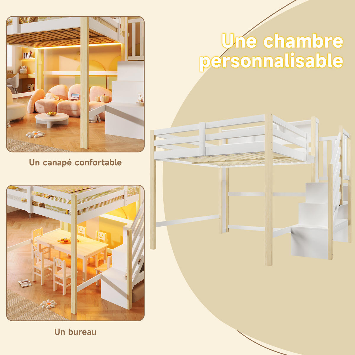 HOCHBETT 140/200 cm aus Kiefernholz mit LED-Leuchten, Weiß/Natur - Naturfarben, Holz (140/200cm) - OKMYHOME