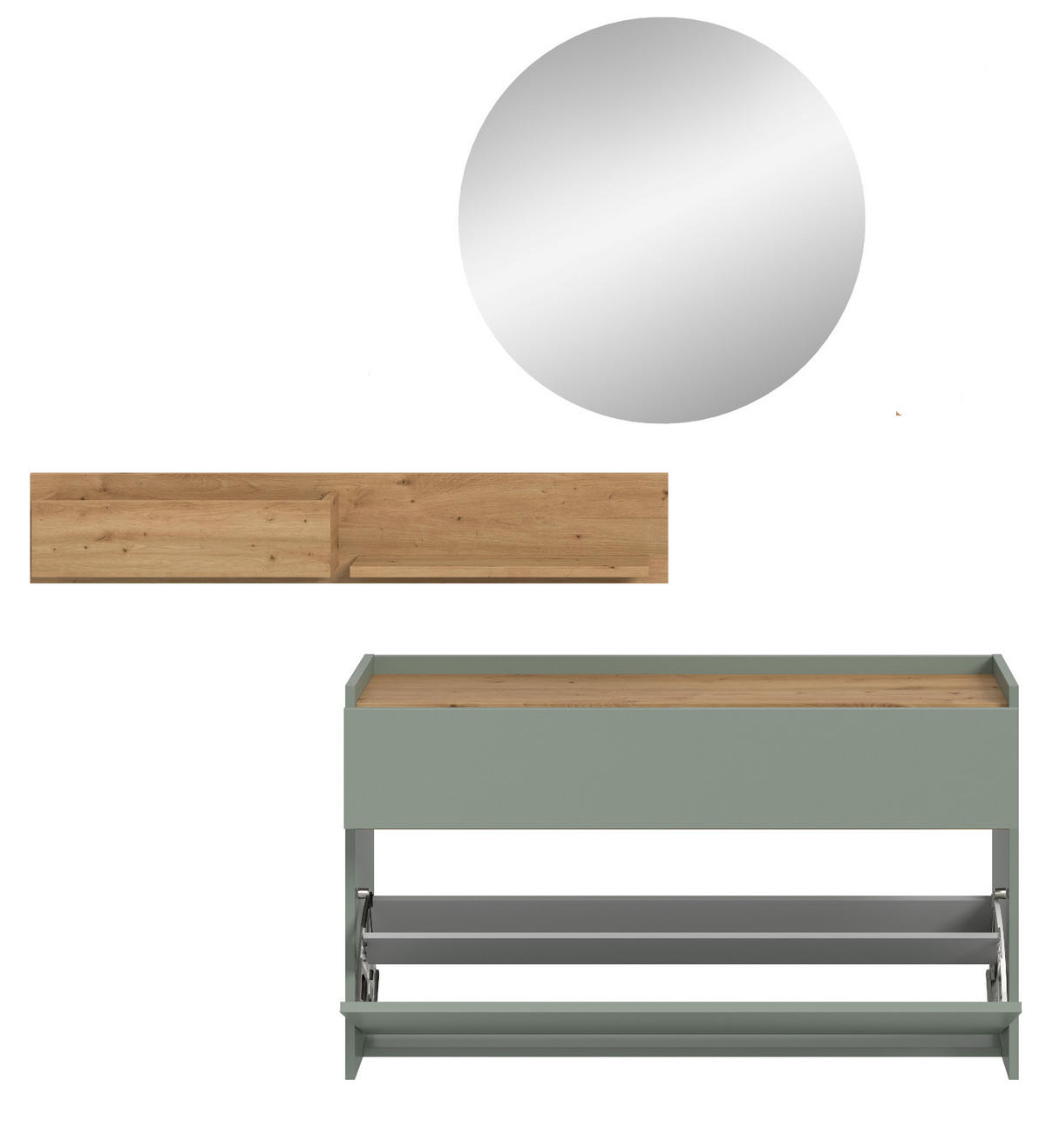 GARDEROBEN-SET Salbei grün, Artisan Eiche 140 cm 3-teilig, Garderobenschränke hängend - Salbeigrün/Eiche Artisan, Glas/Holzwerkstoff (140/197/32cm) - Inn.Furn