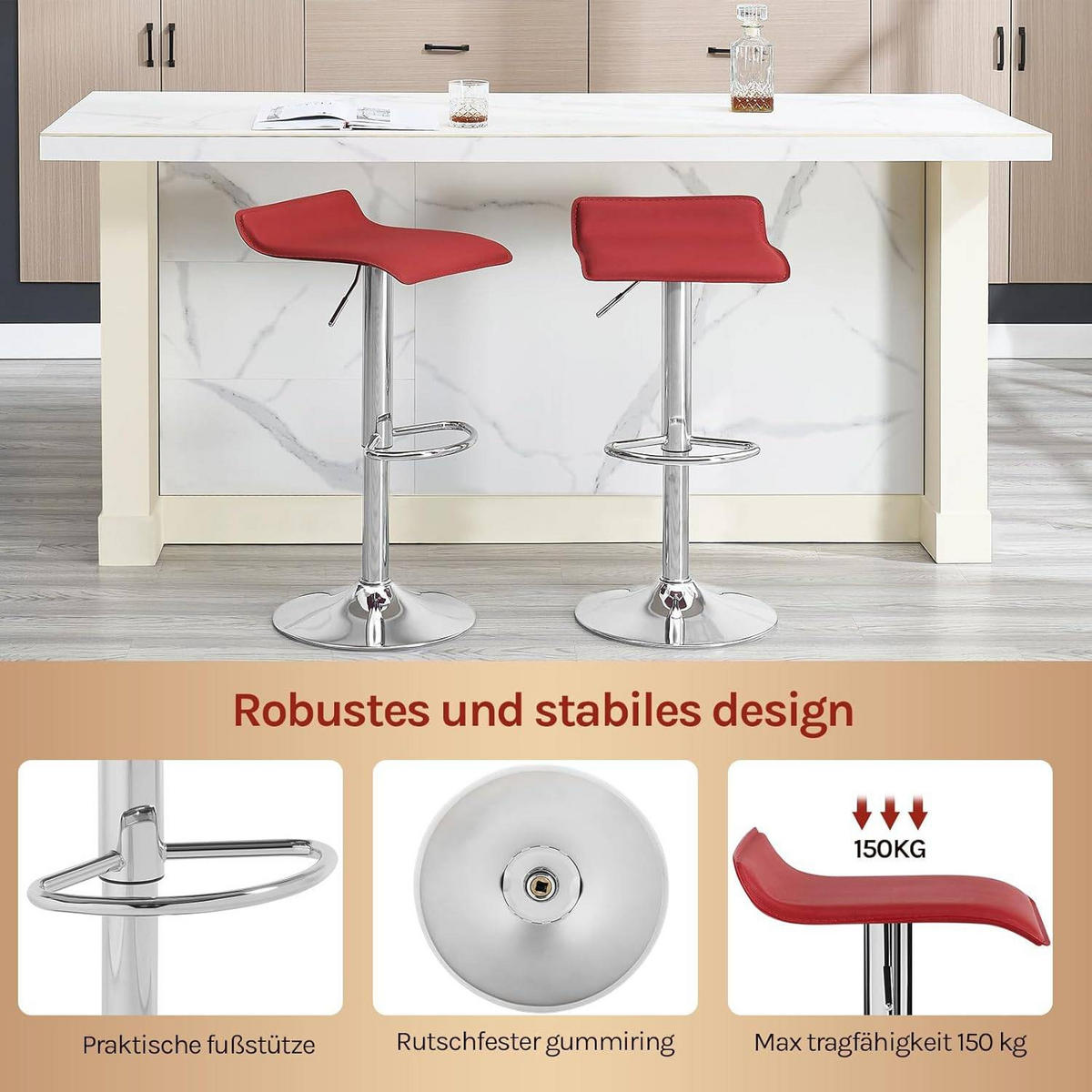 BARHOCKER 2er Set, Höhenverstellbarer, aus Kunstleder Metall - Bordeaux, Metall (38.5/84/39.5cm) - Woltu