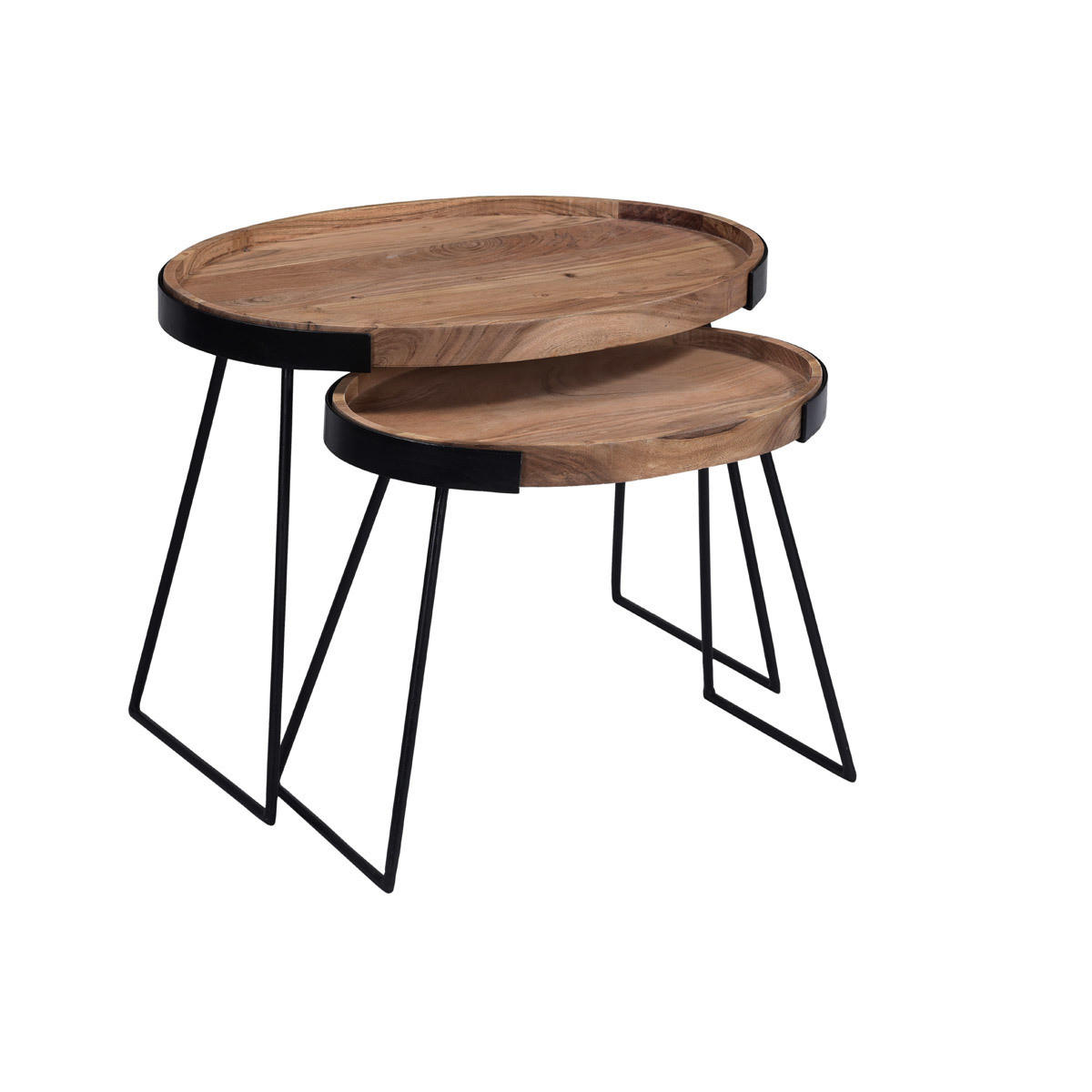 COUCHTISCH 2er Set Metall Massives Akazienholz ELAVO - Dunkelbraun, Holz (65/45/48cm) - Miliboo